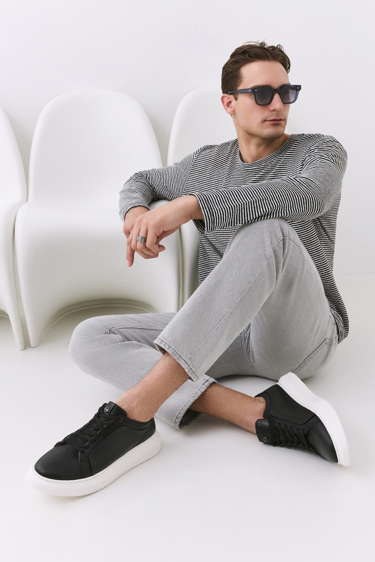 Erkek Deri Siyah Hafif Tabanlı Spor Ayakkabı - Görsel 2