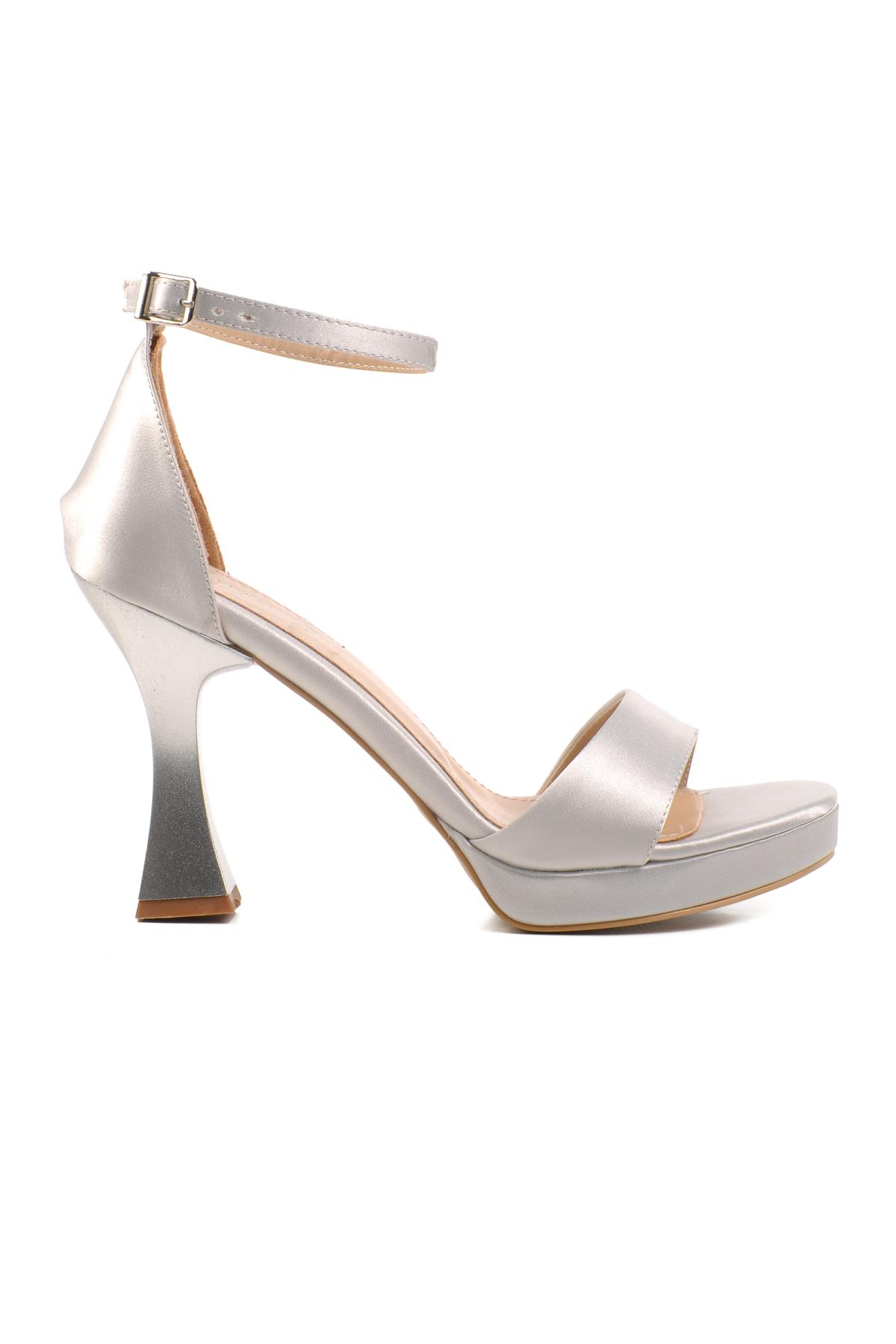 448183 Z Gümüş Saten Platform Topuk Kadın Topuklu Ayakkabı - Görsel 4