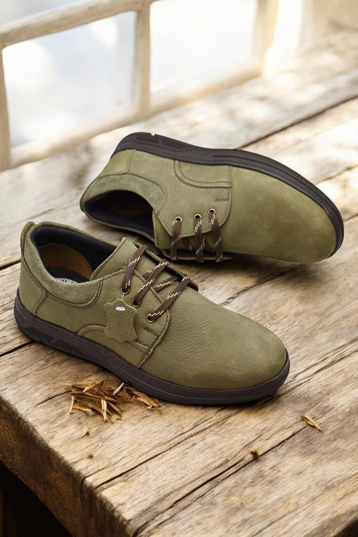 518-8 Ortopedik Taban Hakiki Deri Erkek Ayakkabı Casual Günlük Haki Erkek Ayakkabı - Görsel 5