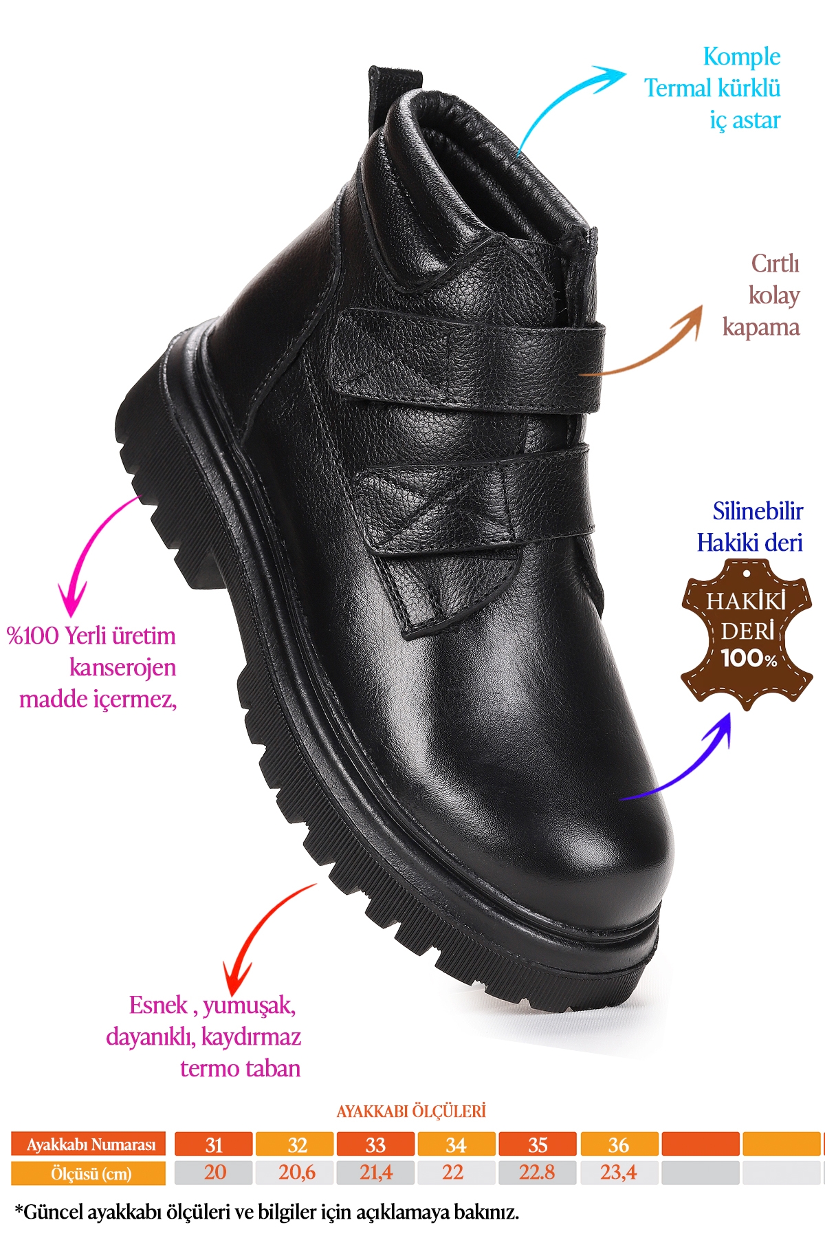 Teze %100 Deri Cırtlı Erkek Çocuk Bot Ayakkabı Siyah - Görsel 3