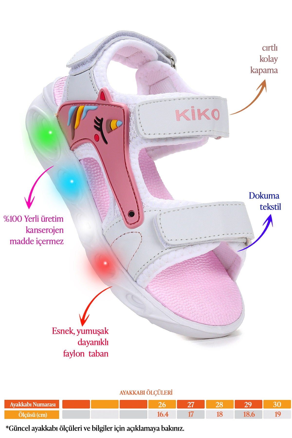 Unicorn Günlük Işıklı Cırtlı Kız Çocuk Sandalet Ayakkabı Beyaz - Pudra - Görsel 3