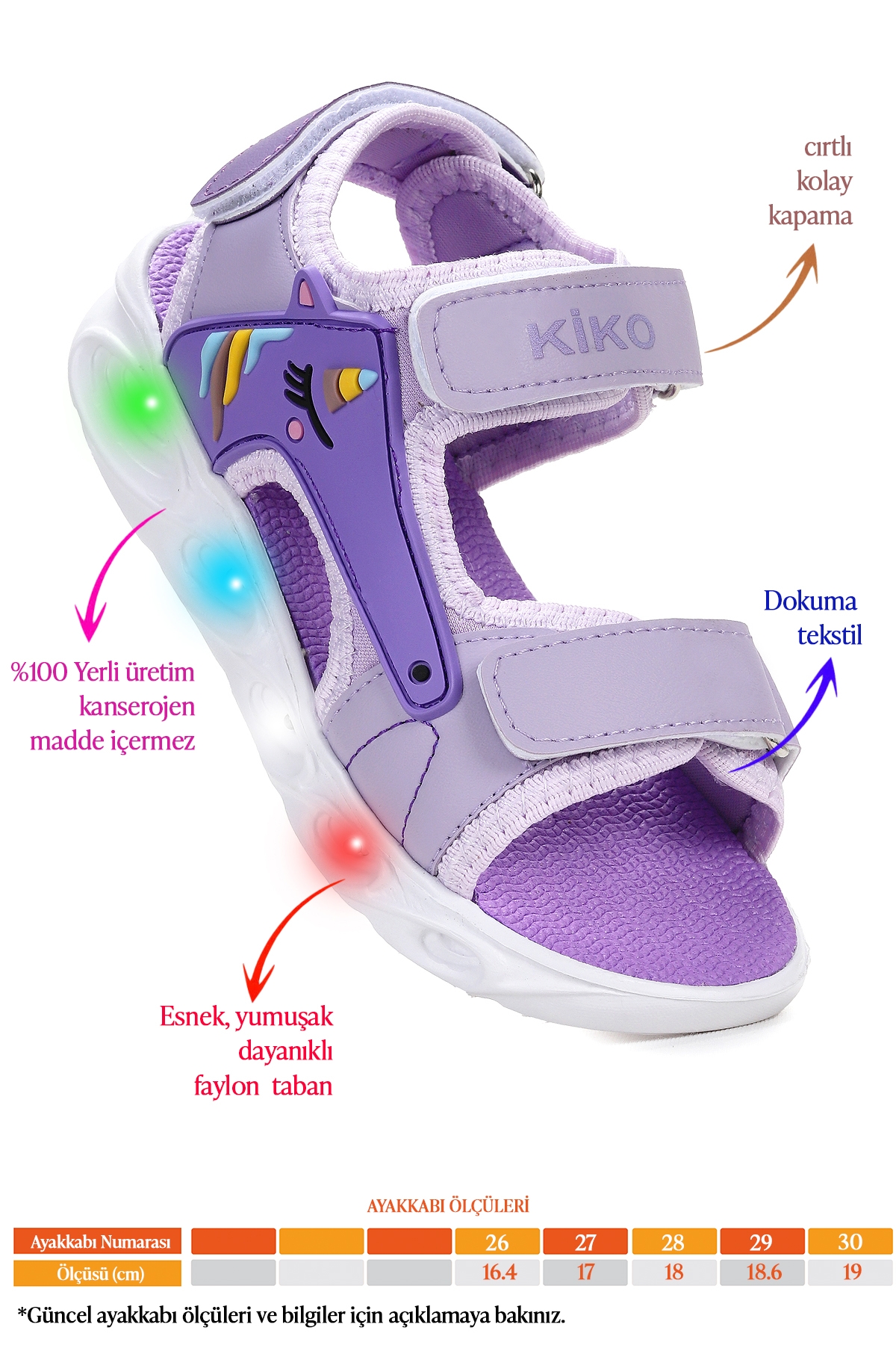 Unicorn Günlük Işıklı Cırtlı Kız Çocuk Sandalet Ayakkabı Lila - Görsel 3