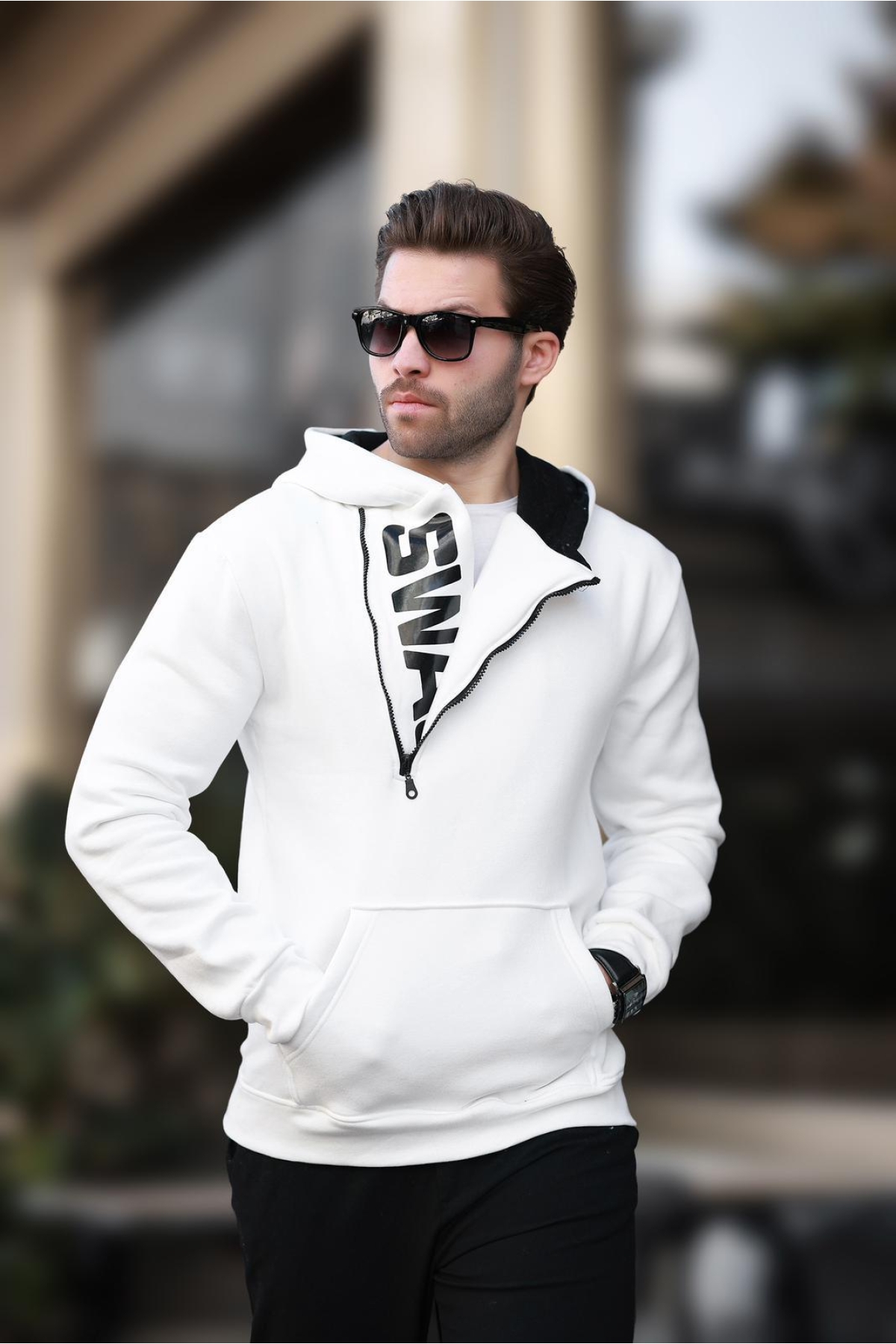 Madmext Beyaz Fermuar Detaylı Kapüşonlu Sweatshirt 1767
