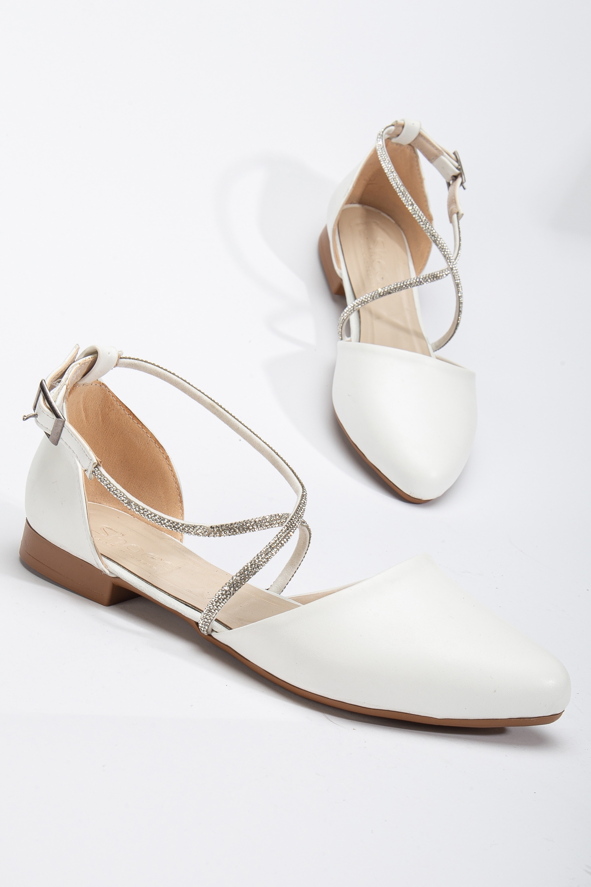 Kadın Beyaz Çapraz Taş Halat Detaylı Bilekten Bağlamalı Babet - Görsel 3