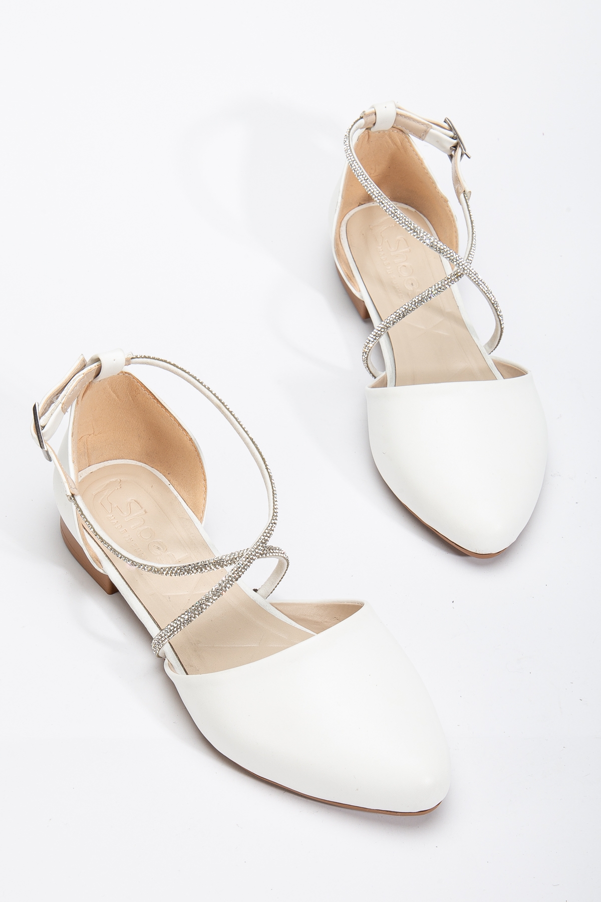 Kadın Beyaz Çapraz Taş Halat Detaylı Bilekten Bağlamalı Babet - Görsel 4