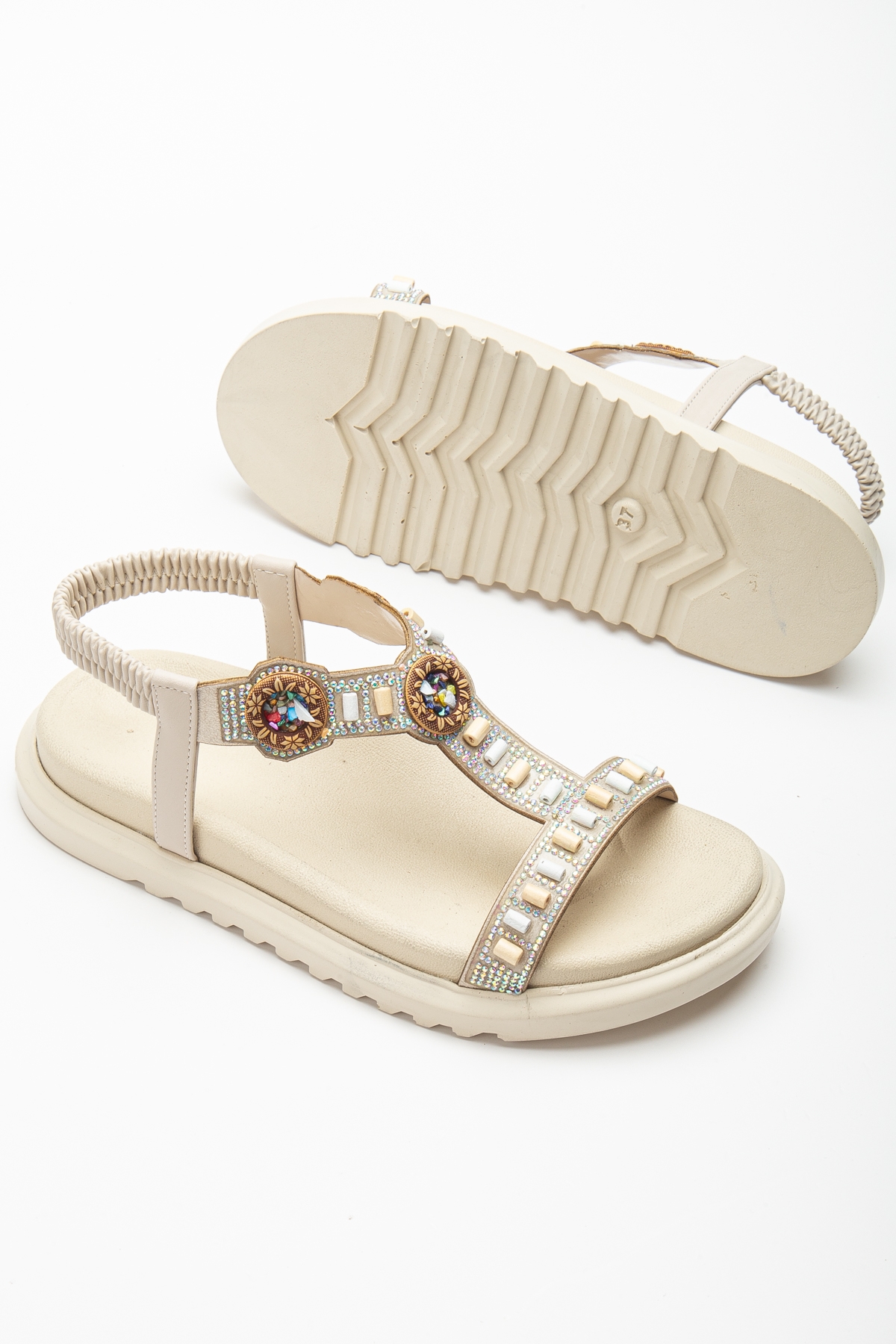 Kadın Bej Arkası Lastikli Taş İşlemeli Sandalet - Görsel 2