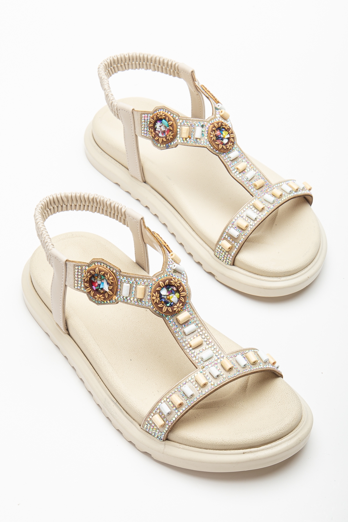 Kadın Bej Arkası Lastikli Taş İşlemeli Sandalet - Görsel 3
