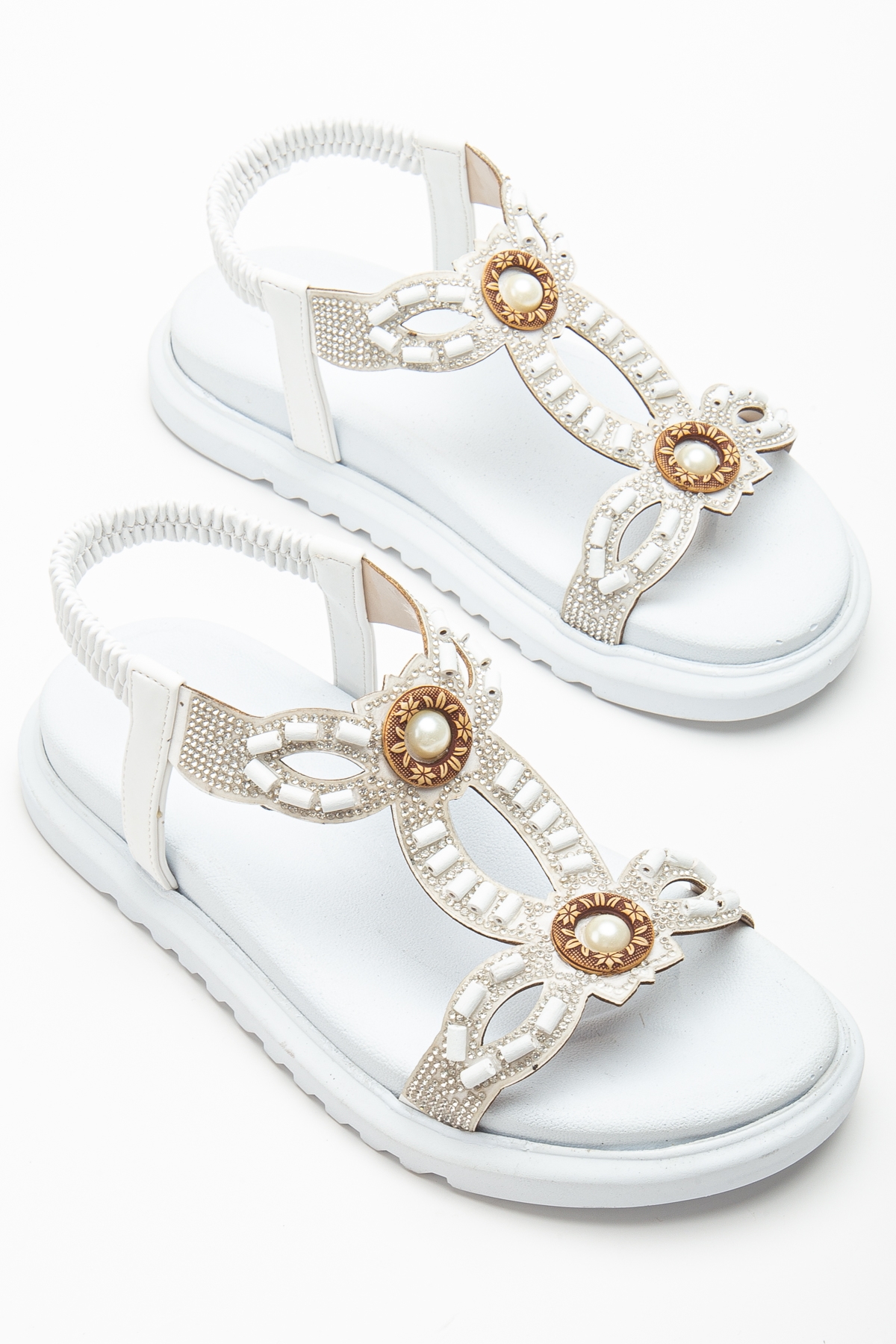 Kadın Beyaz Arkası Lastikli Taş İşlemeli Sandalet - Görsel 3