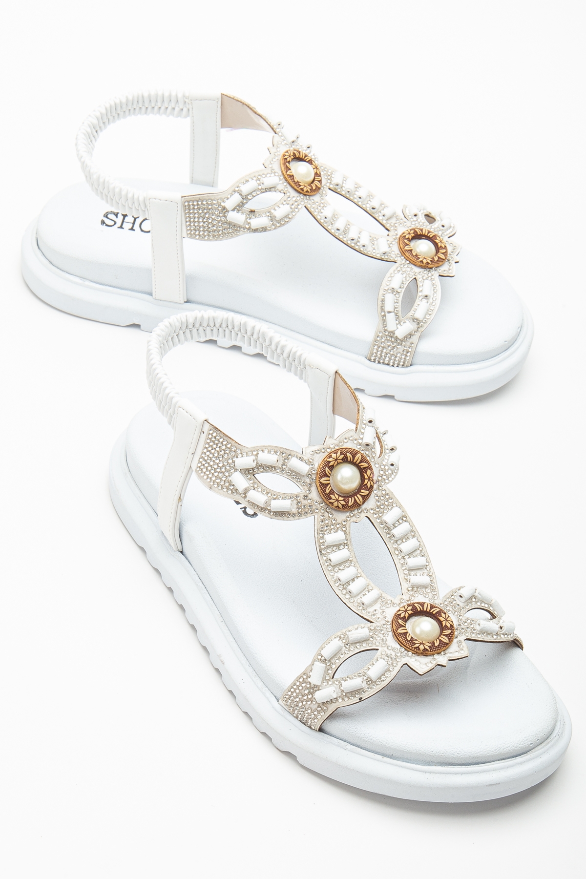 Kadın Beyaz Arkası Lastikli Taş İşlemeli Sandalet - Görsel 4