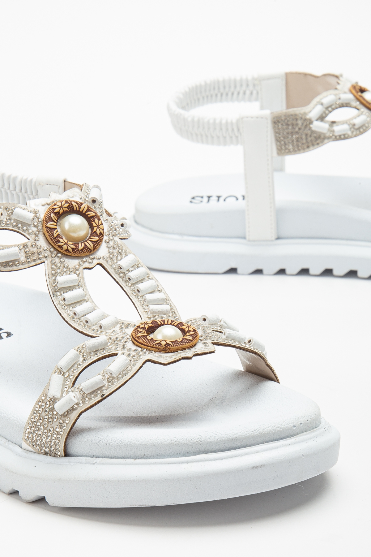 Kadın Beyaz Arkası Lastikli Taş İşlemeli Sandalet - Görsel 5