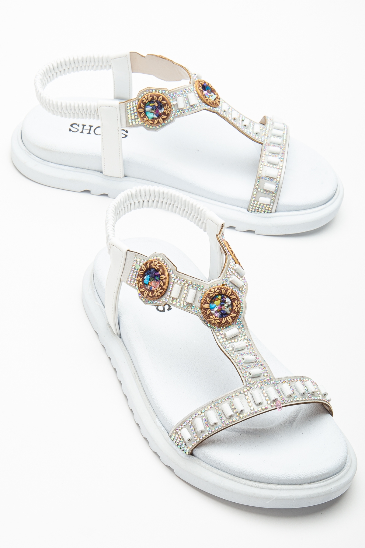 Kadın Beyaz Arkası Lastikli Taş İşlemeli Sandalet - Görsel 3