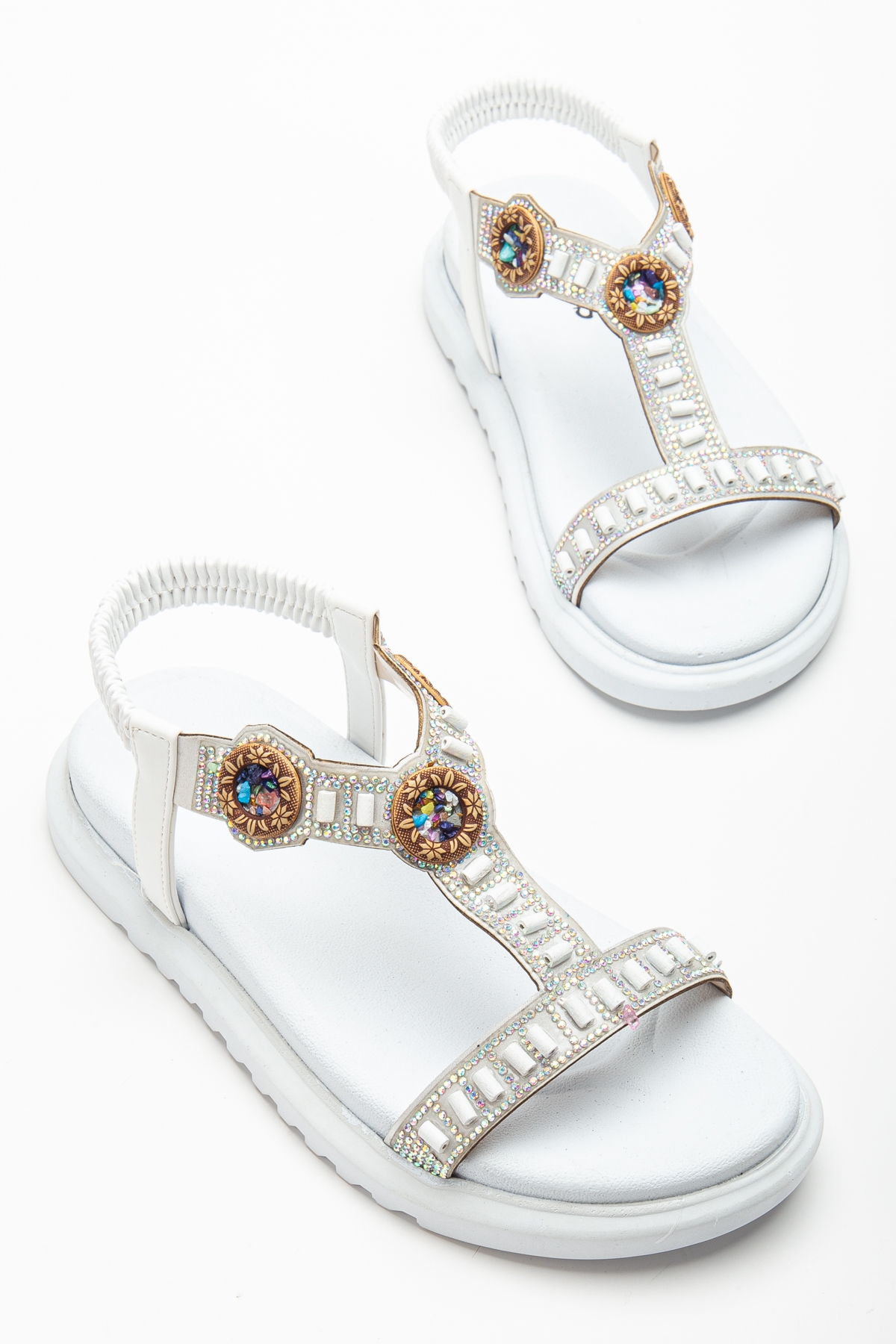 Kadın Beyaz Arkası Lastikli Taş İşlemeli Sandalet - Görsel 4