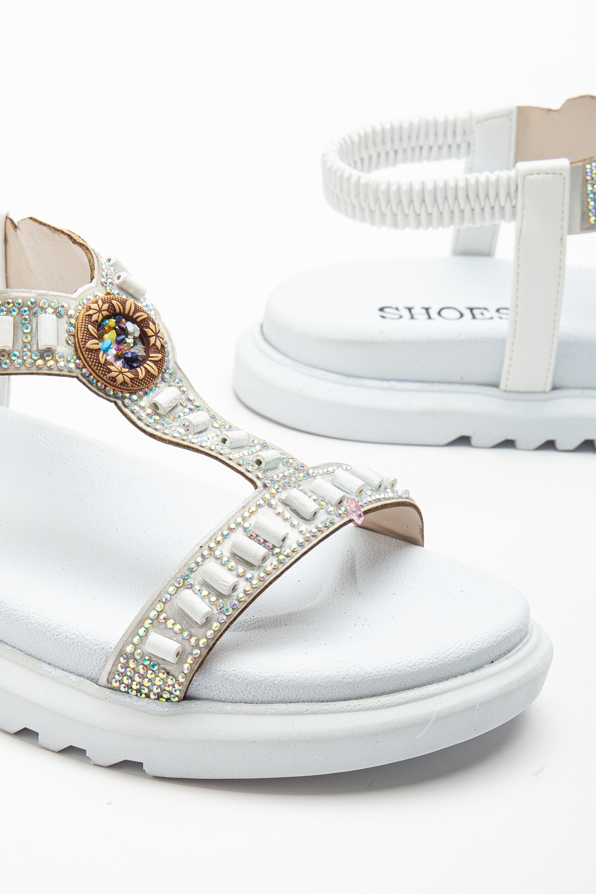 Kadın Beyaz Arkası Lastikli Taş İşlemeli Sandalet - Görsel 5