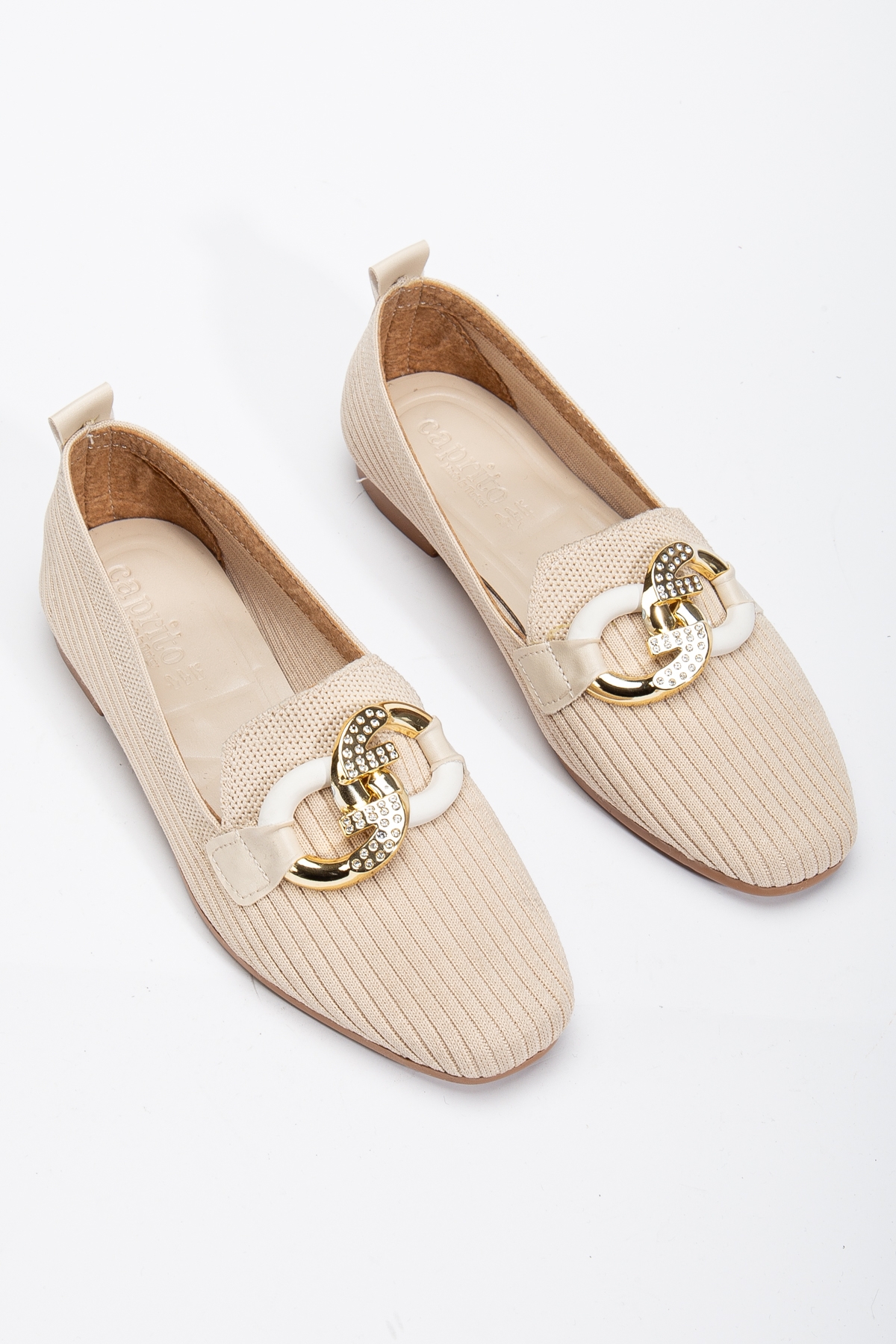 Kadın Bej Önü Toka Detaylı Triko Babet - Görsel 4