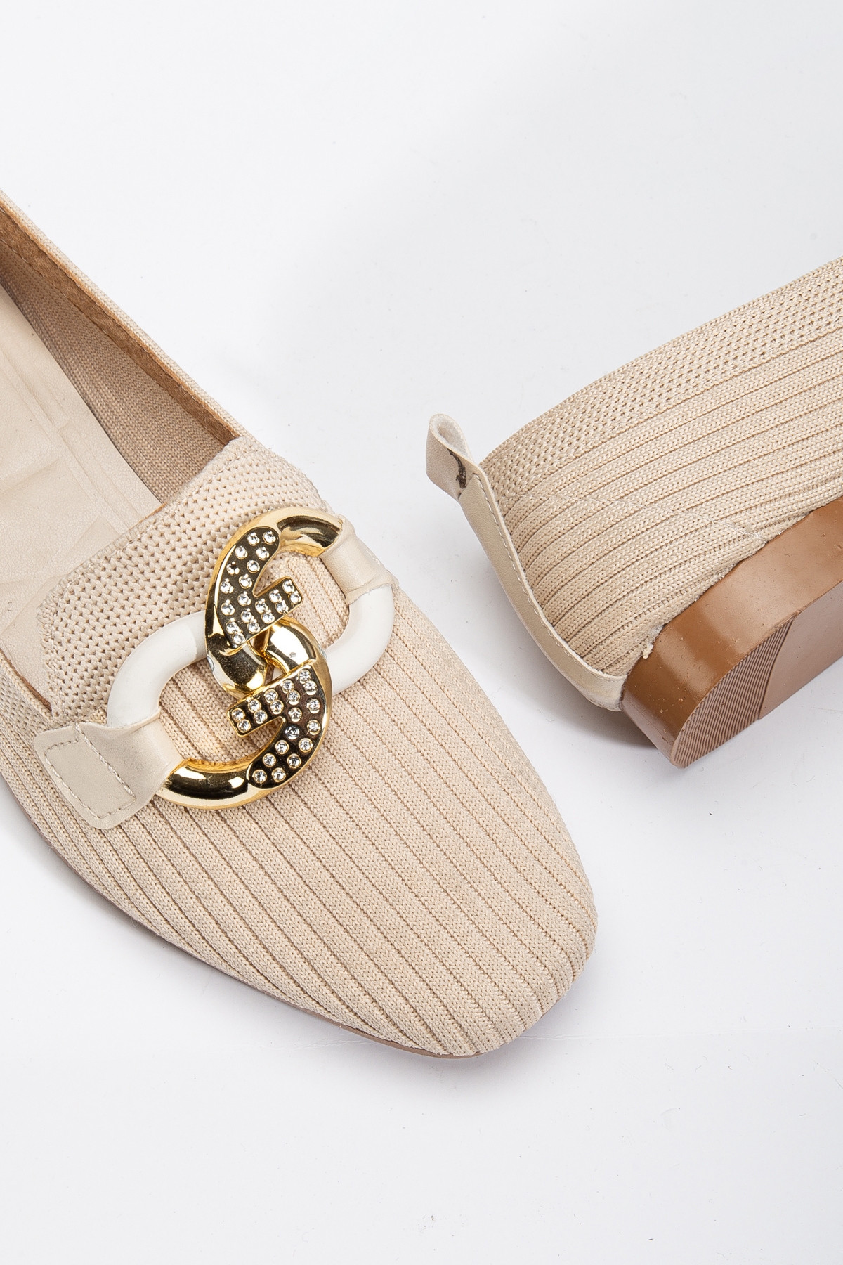 Kadın Bej Önü Toka Detaylı Triko Babet - Görsel 5