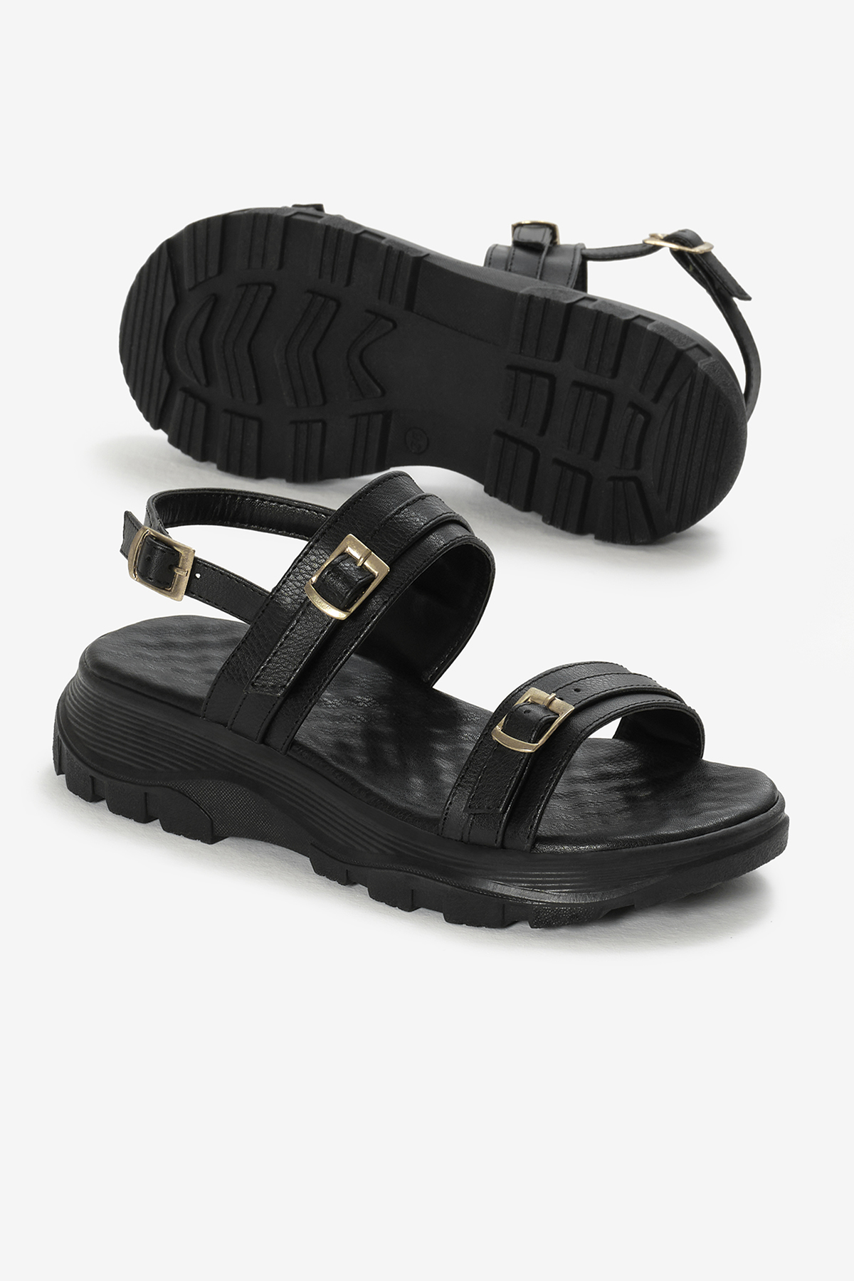 Kadın Siyah Poli Taban Toka Detaylı Çift Bantlı Sandalet - Görsel 5