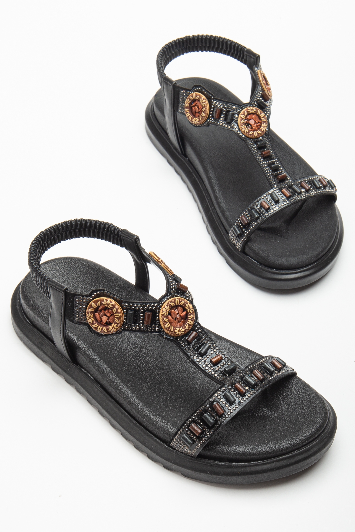 Kadın Siyah Arkası Lastikli Taş İşlemeli Sandalet - Görsel 2