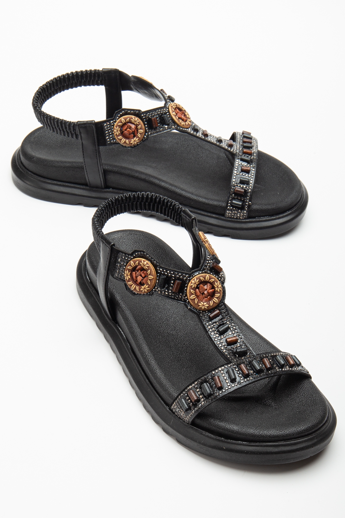 Kadın Siyah Arkası Lastikli Taş İşlemeli Sandalet - Görsel 3