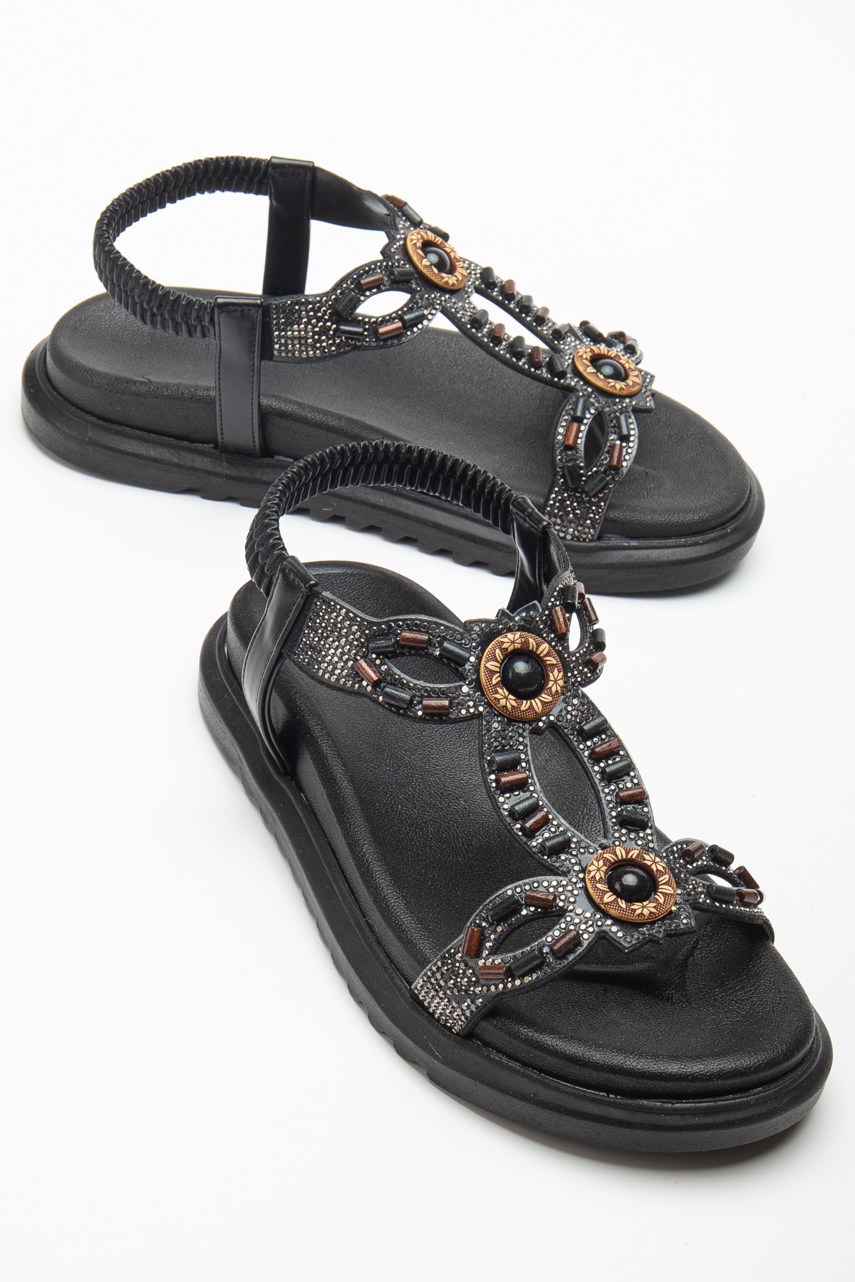 Kadın Siyah Arkası Lastikli Taş İşlemeli Sandalet - Görsel 3