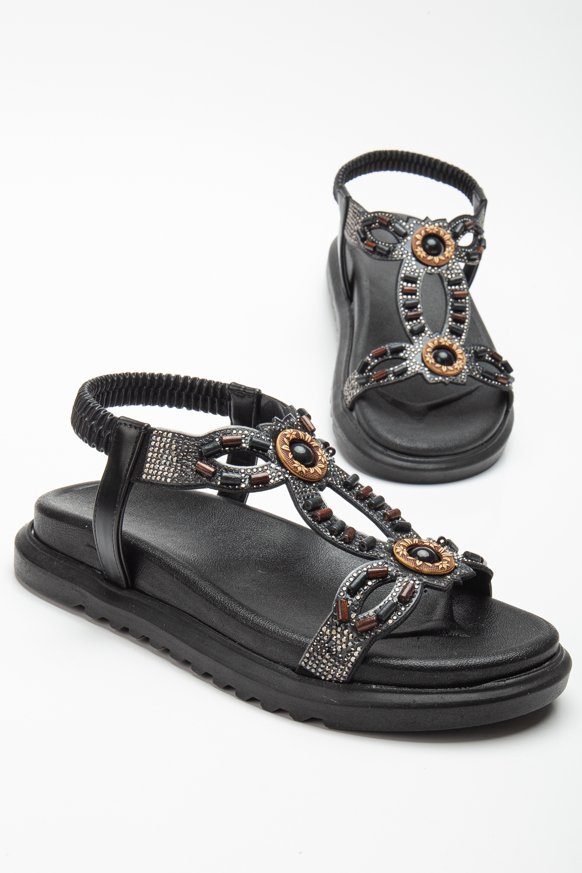 Kadın Siyah Arkası Lastikli Taş İşlemeli Sandalet - Görsel 4