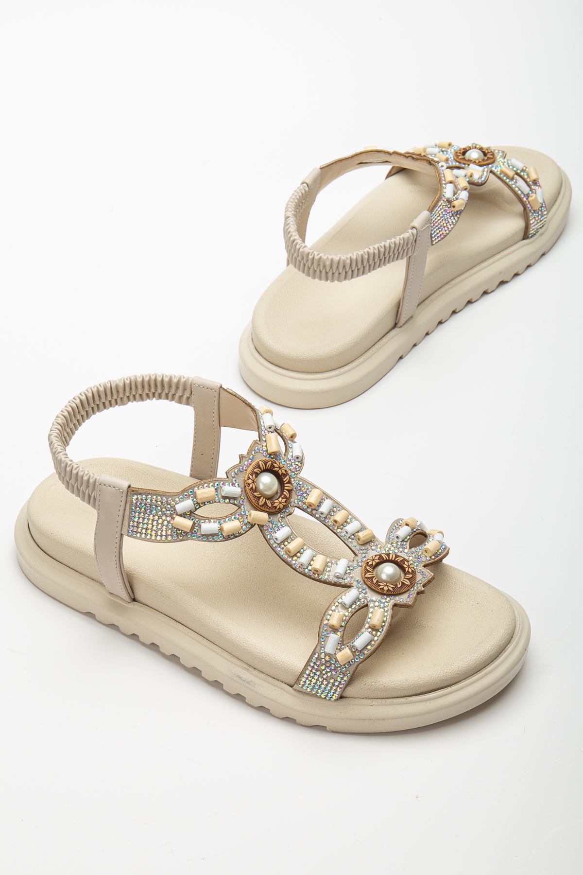 Kadın Bej Arkası Lastikli Taş İşlemeli Sandalet - Görsel 3