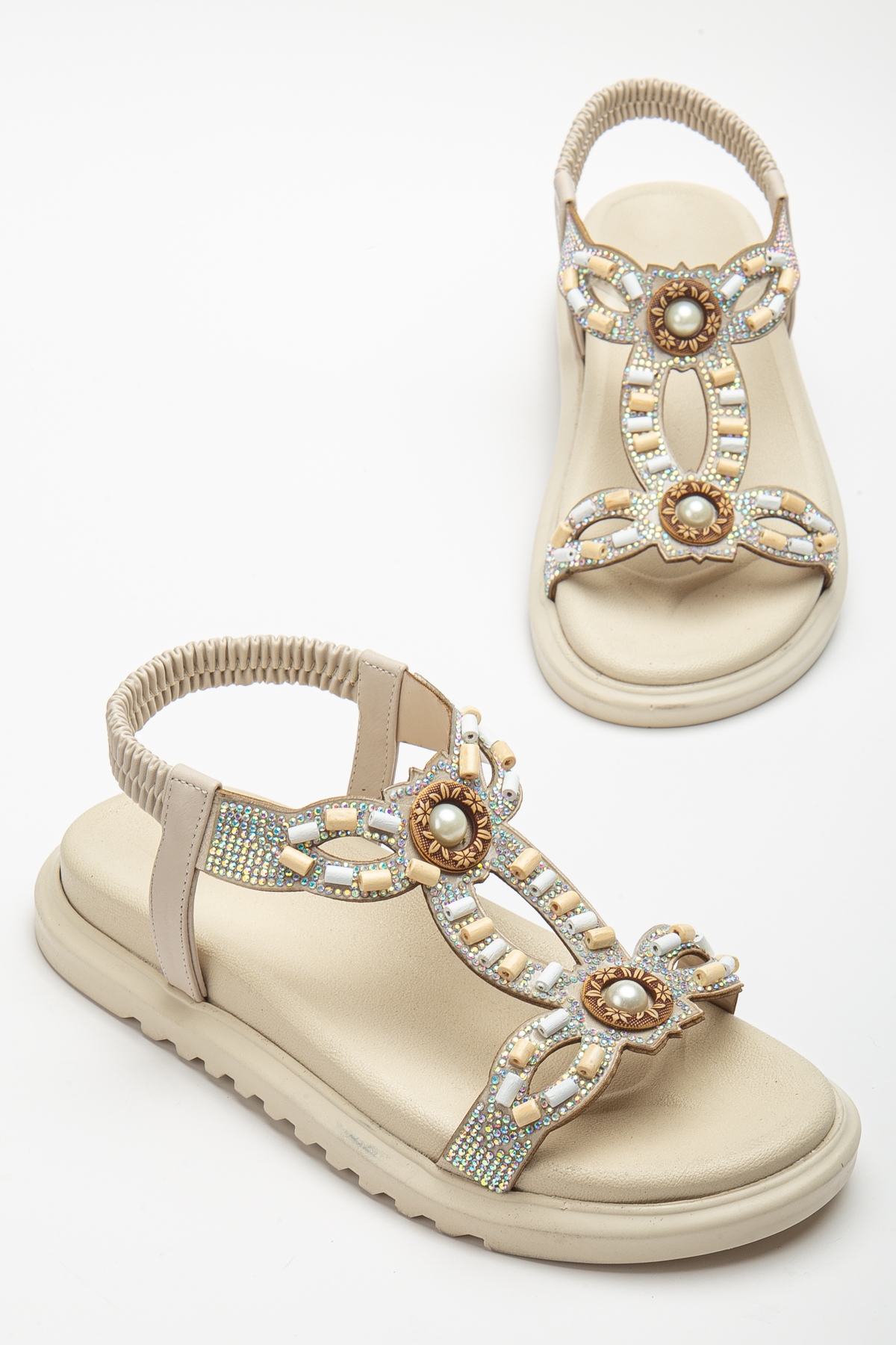 Kadın Bej Arkası Lastikli Taş İşlemeli Sandalet - Görsel 4