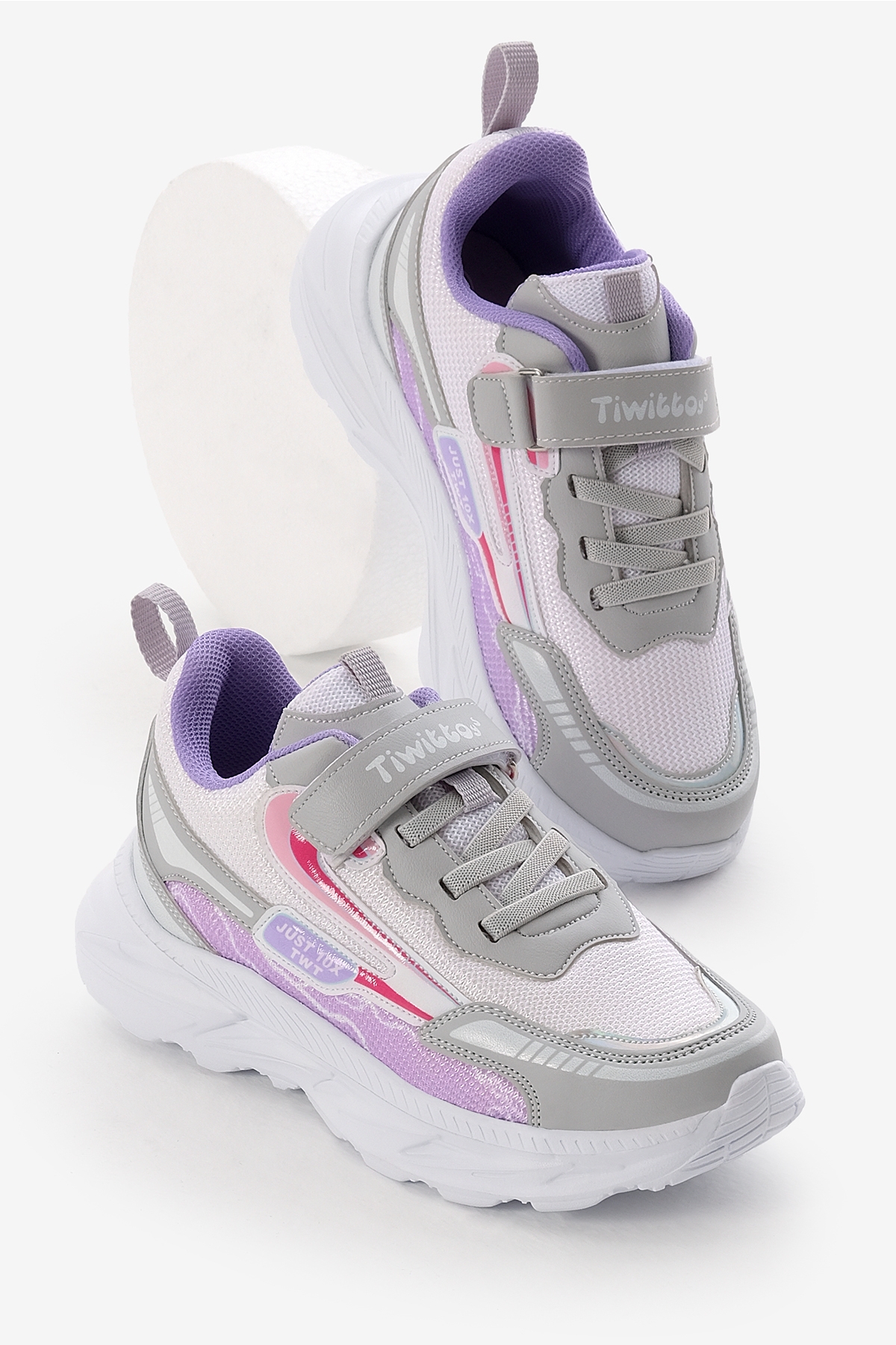 Çocuk Unisex Gri Lila EVA Faylon Taban Desenli Cırtlı Lastik Bağcıklı Spor Ayakkabı - Görsel 2