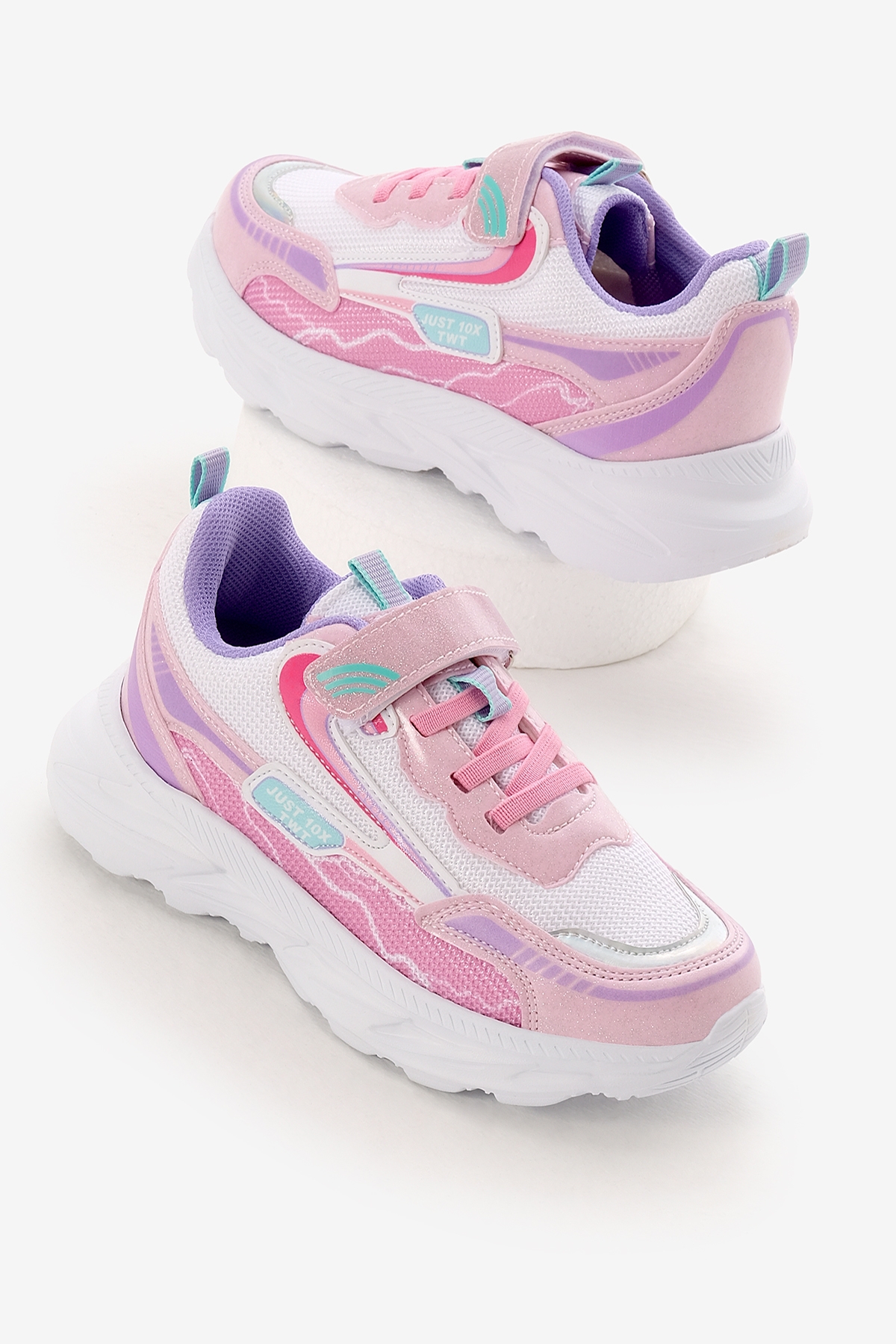 Çocuk Unisex Pembe Beyaz EVA Faylon Taban Desenli Cırtlı Lastik Bağcıklı Spor Ayakkabı - Görsel 2