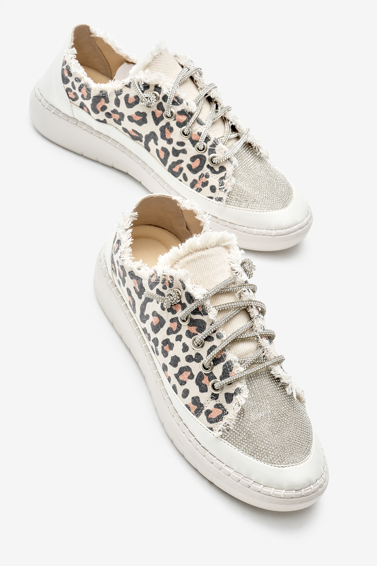 Kadın Leopar Poli Taban Denim Kumaş Taşlı Bağcıklı Spor Ayakkabı - Görsel 4