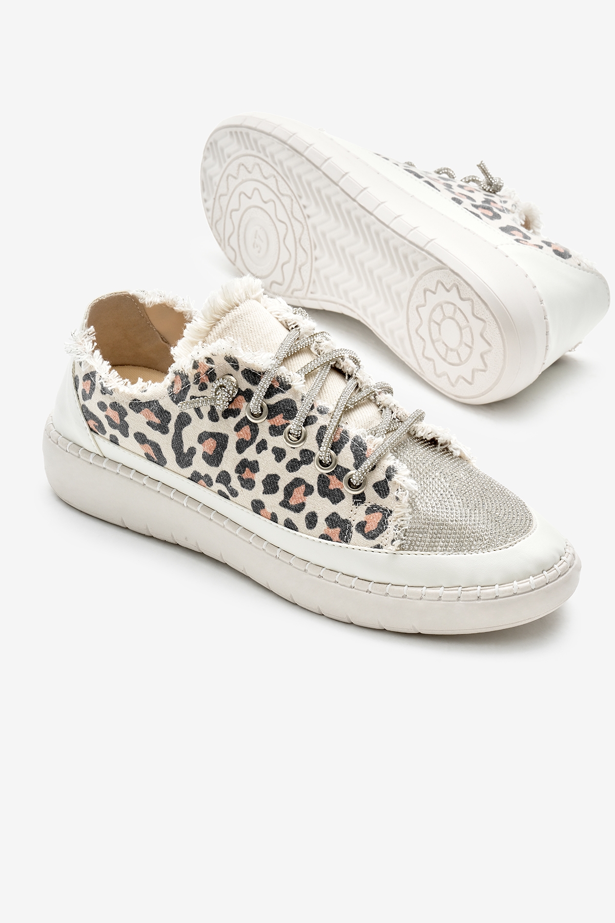 Kadın Leopar Poli Taban Denim Kumaş Taşlı Bağcıklı Spor Ayakkabı - Görsel 5