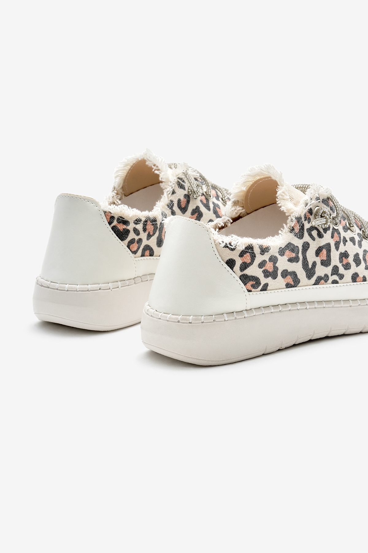 Kadın Leopar Poli Taban Denim Kumaş Taşlı Bağcıklı Spor Ayakkabı - Görsel 6