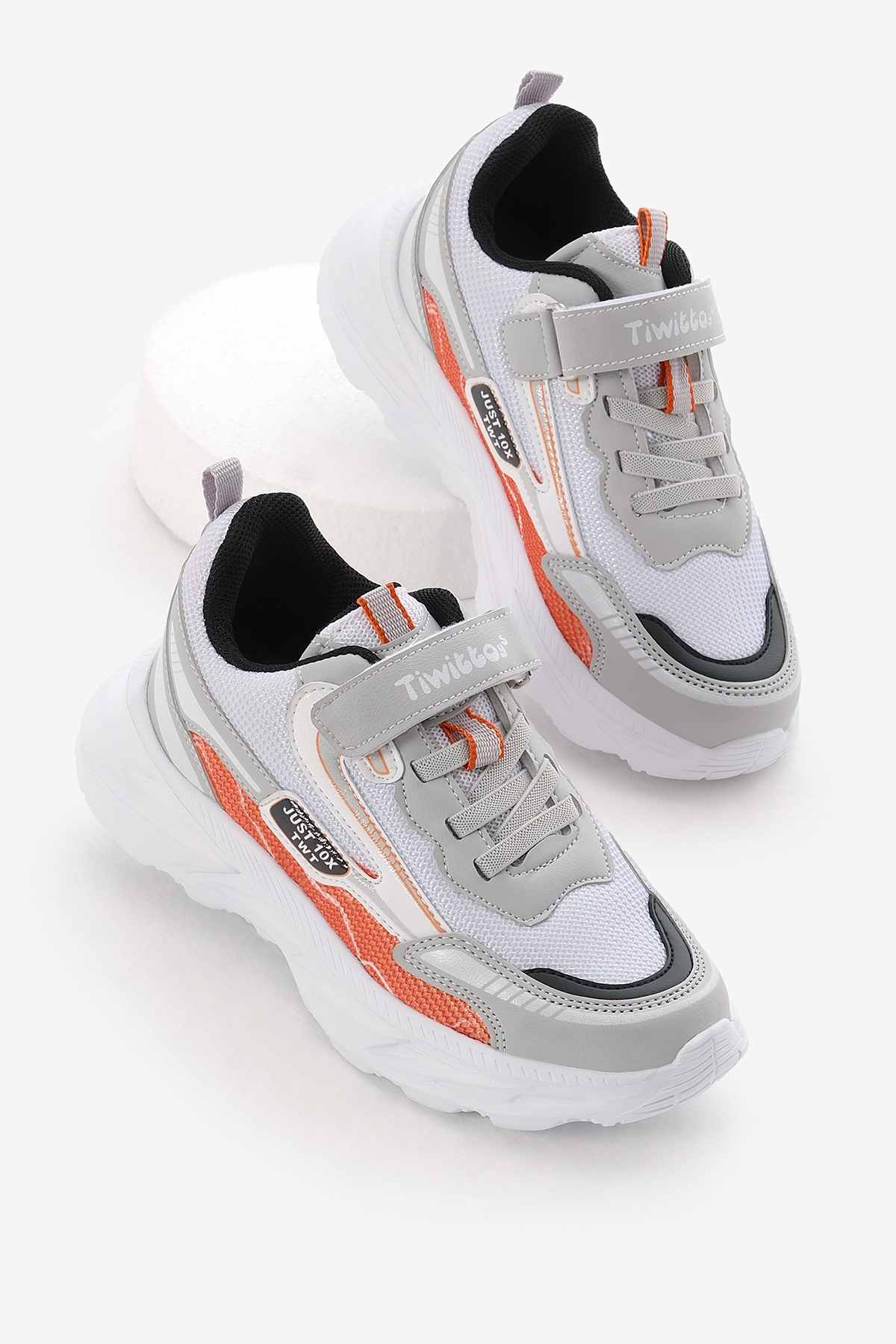 Çocuk Unisex Gri Oranj EVA Faylon Taban Desenli Cırtlı Lastik Bağcıklı Spor Ayakkabı - Görsel 2