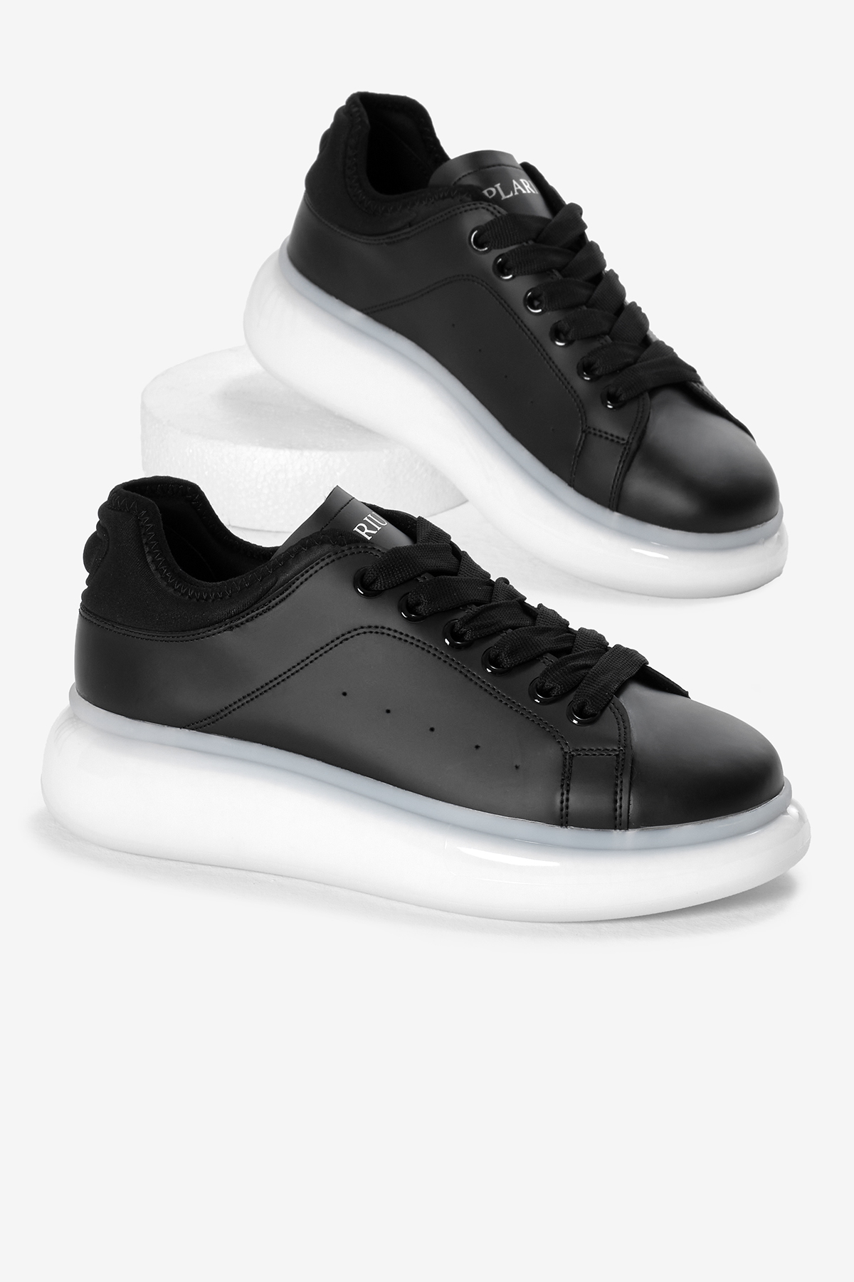 Erkek Siyah Beyaz Kalın Taban Bağcıklı Spor Ayakkabı - Görsel 3