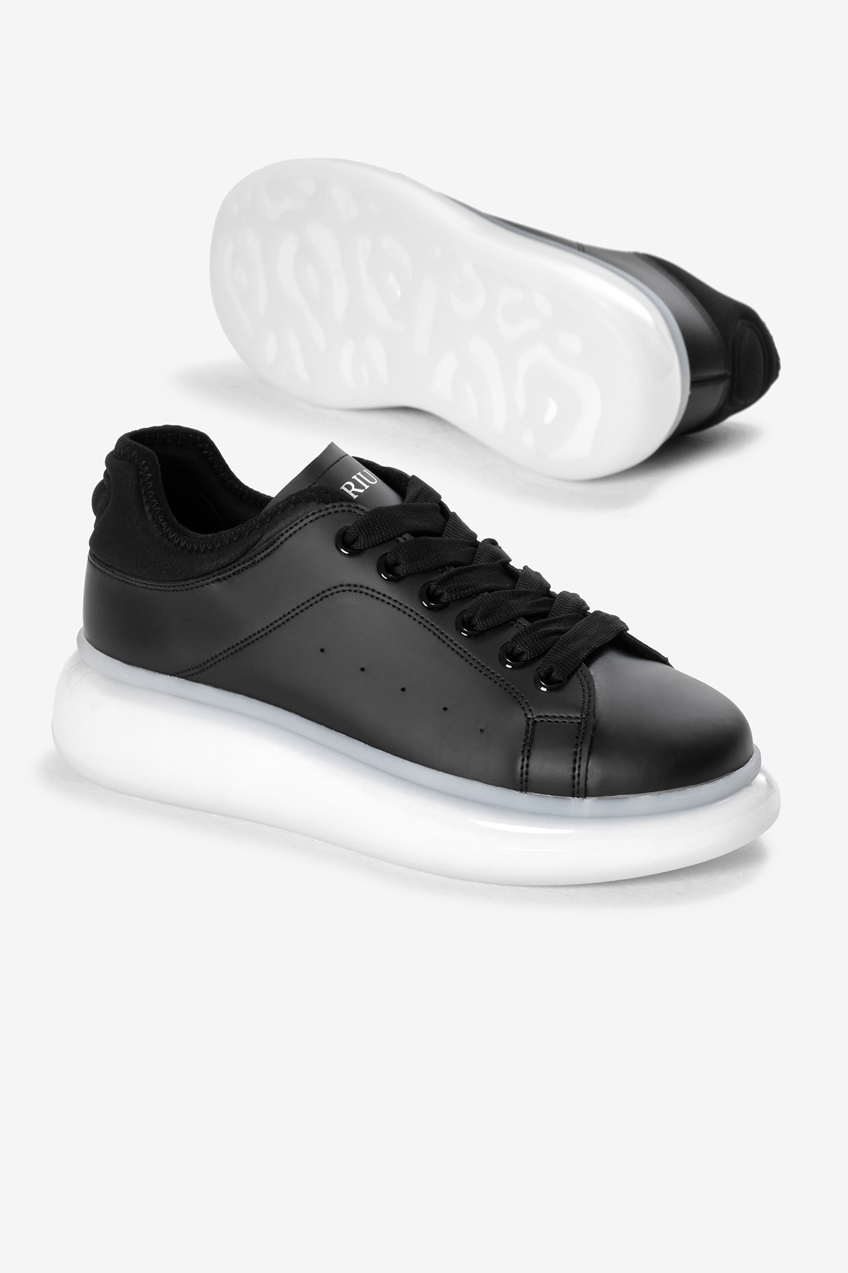 Erkek Siyah Beyaz Kalın Taban Bağcıklı Spor Ayakkabı - Görsel 5