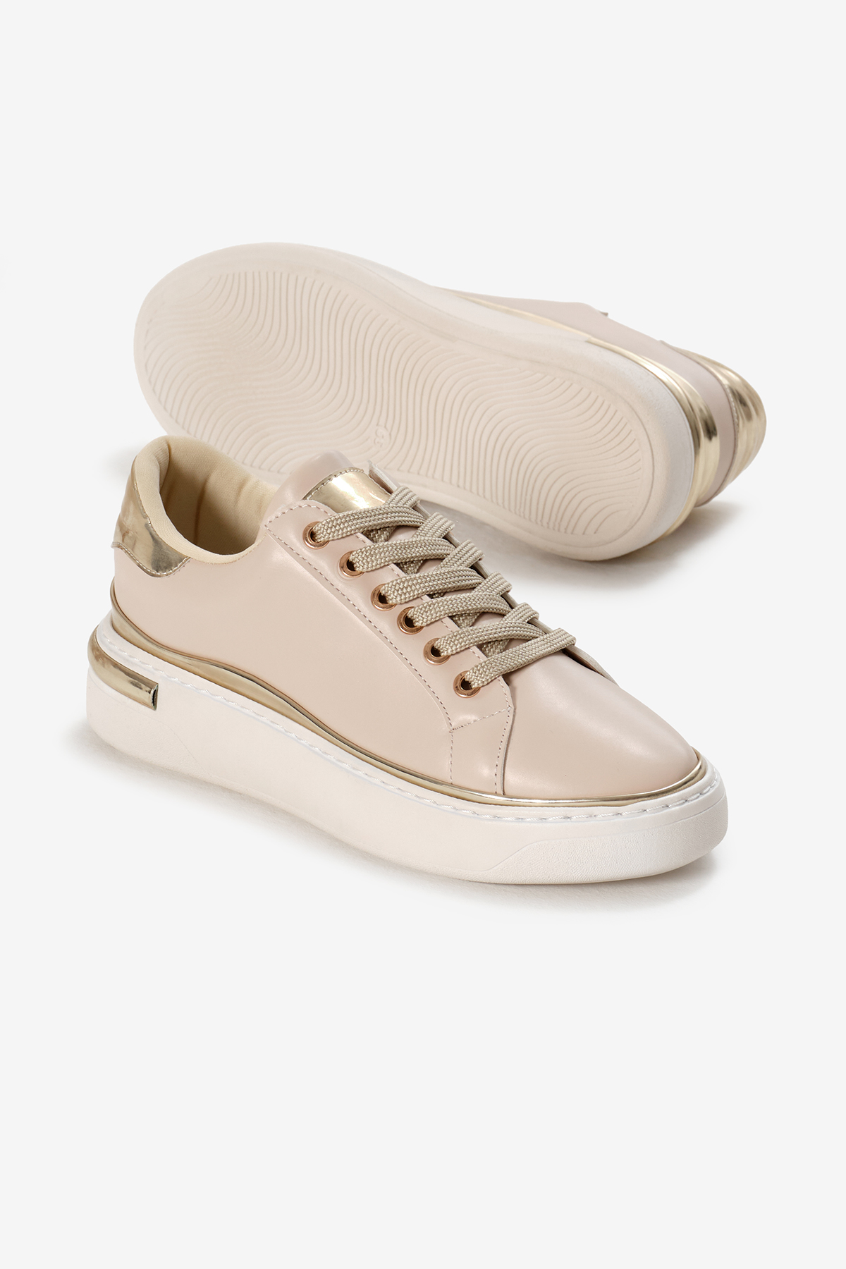 Kadın Bej Kalın Poli Taban Altın Detaylı Bağcıklı Spor Ayakkabı - Görsel 5