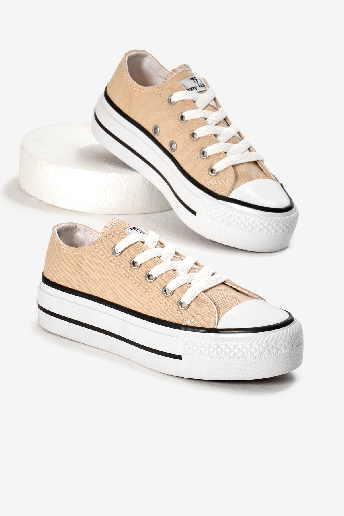 Çocuk Unisex Bej Termo Kalın Taban Bağcıklı Keten Spor Ayakkabı - Görsel 3