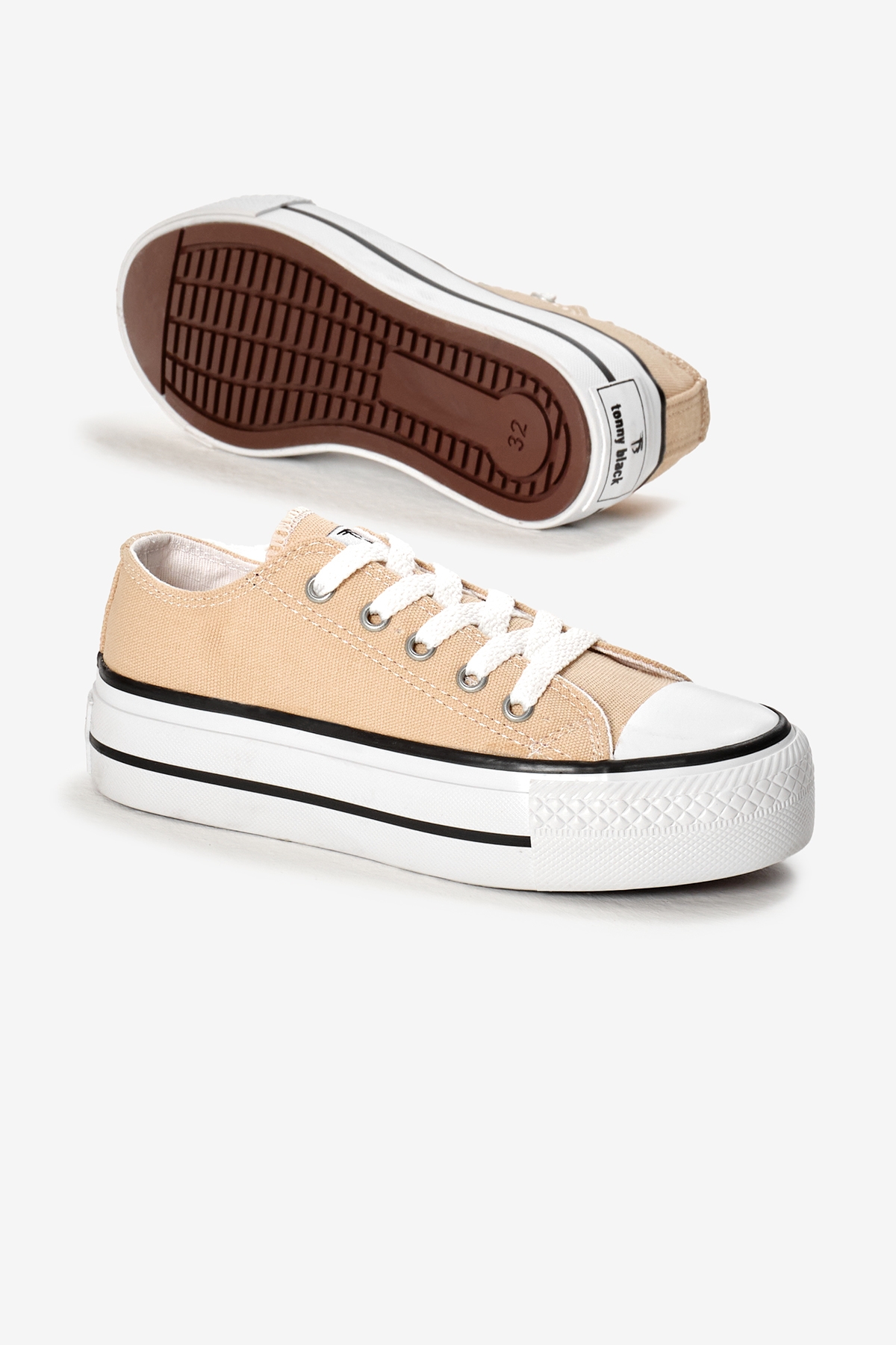 Çocuk Unisex Bej Termo Kalın Taban Bağcıklı Keten Spor Ayakkabı - Görsel 5