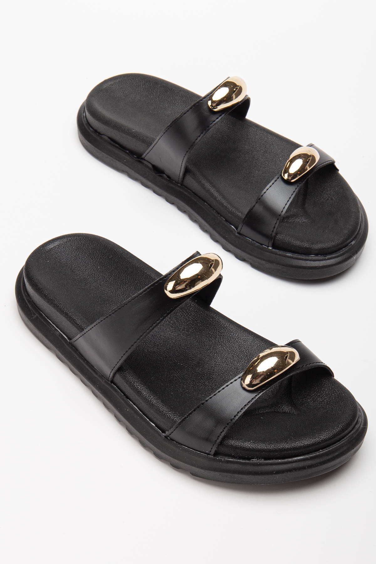 Kadın Siyah Çift Bantlı Toka Detaylı Terlik - Görsel 4