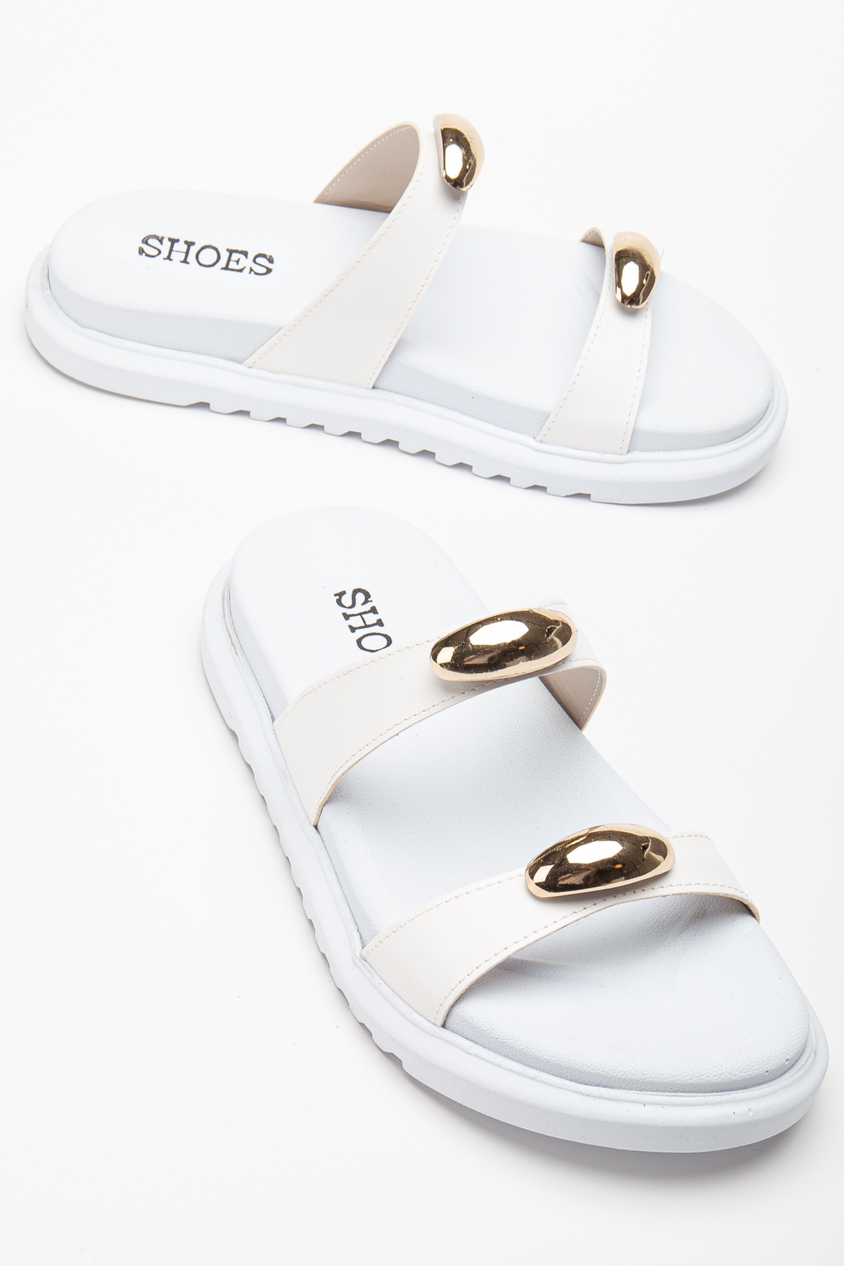 Kadın Beyaz Çift Bantlı Toka Detaylı Terlik - Görsel 4