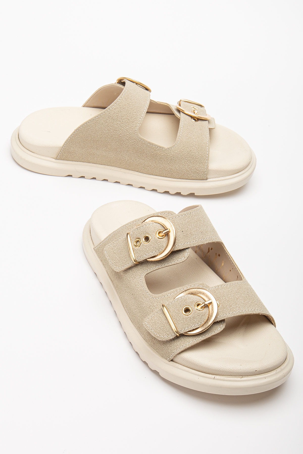 Kadın Bej Çift Bantlı Toka Detaylı Terlik - Görsel 3