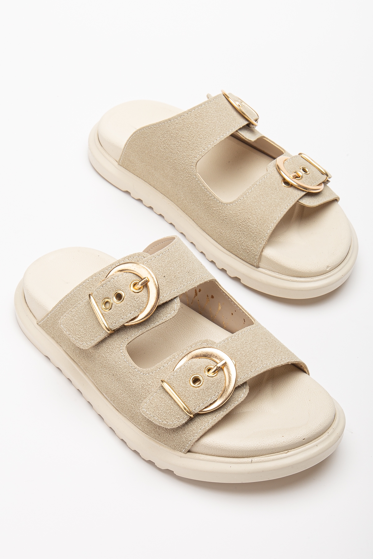 Kadın Bej Çift Bantlı Toka Detaylı Terlik - Görsel 4