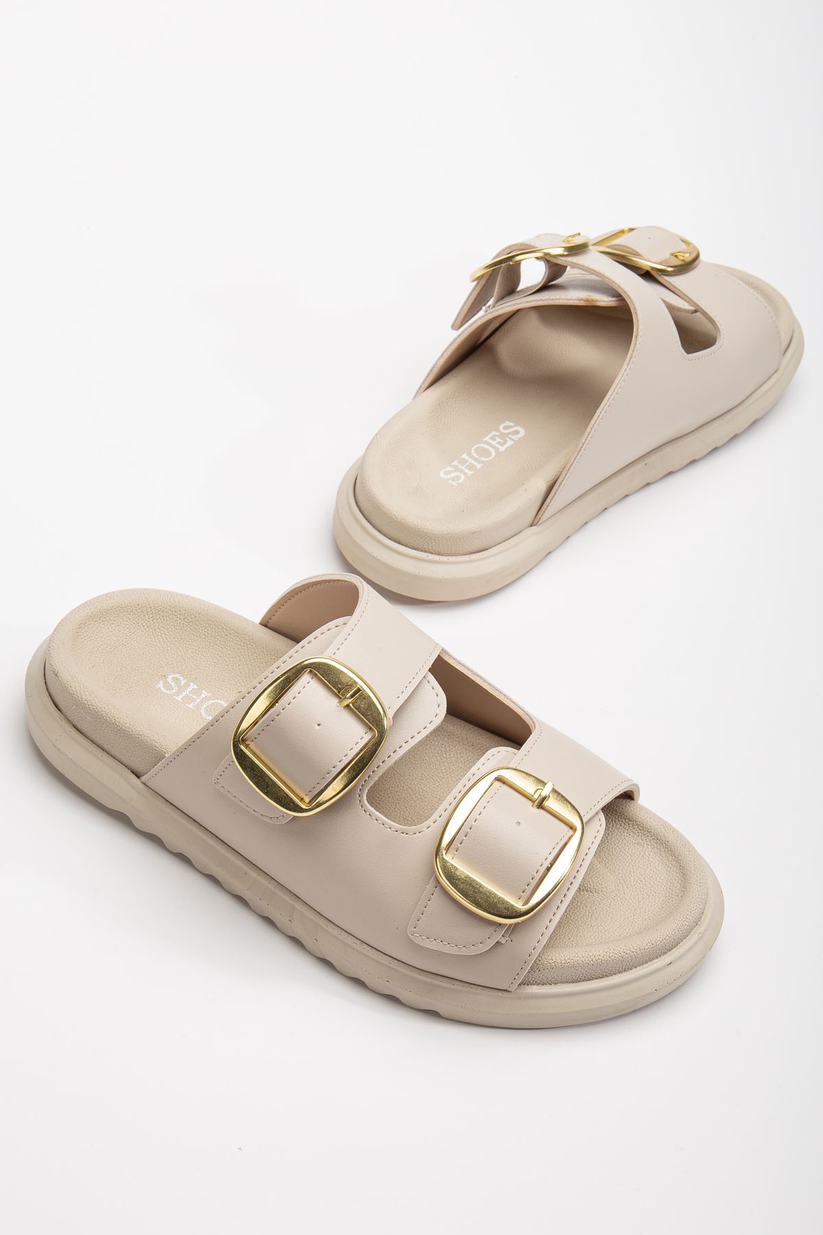 Kadın Bej Çift Bantlı Toka Detaylı Terlik - Görsel 4