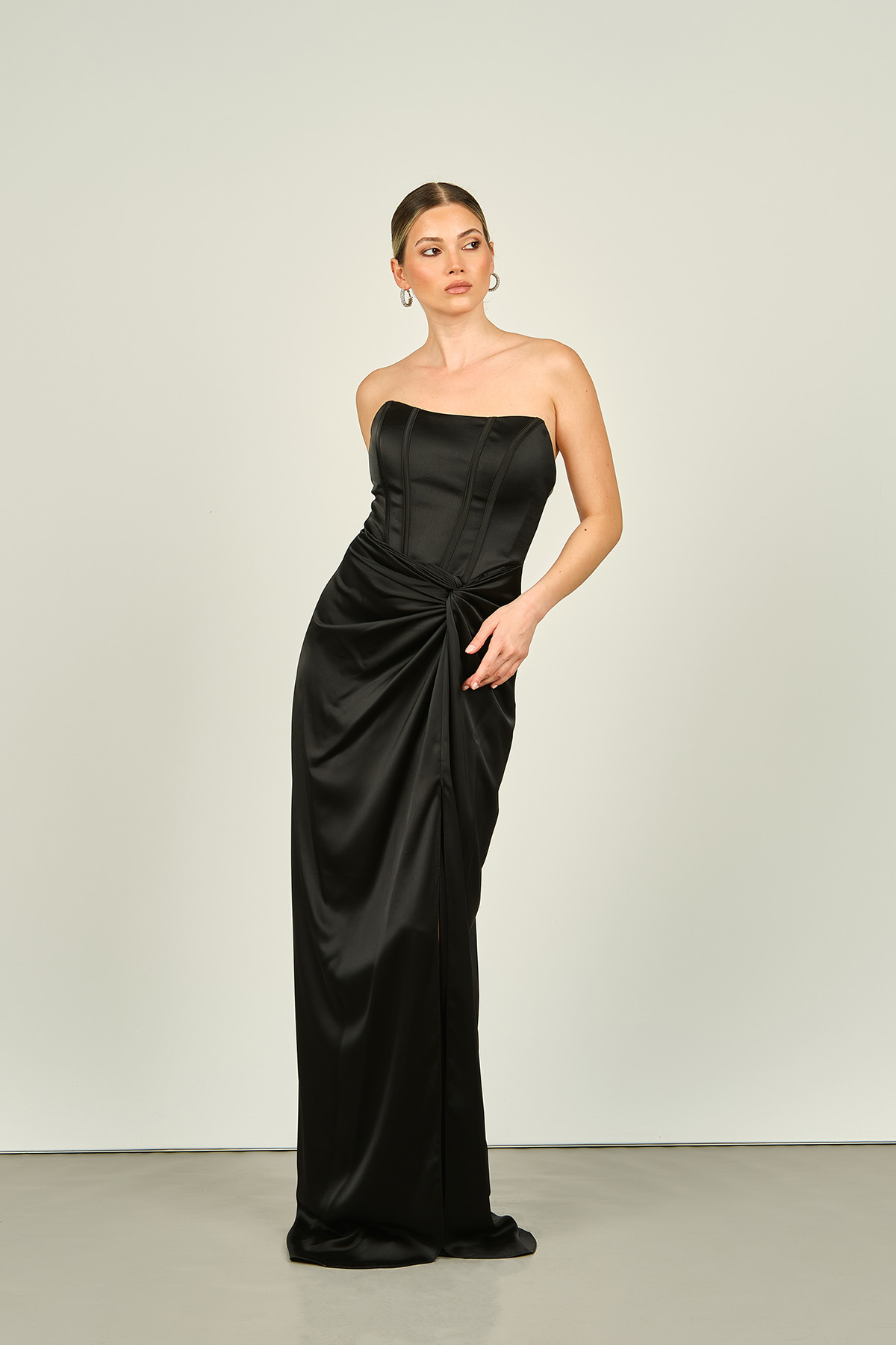 DoridorcaKadın Straplez Derin Yırtmaçlı Uzun Abiye Elbise 5062 Siyah