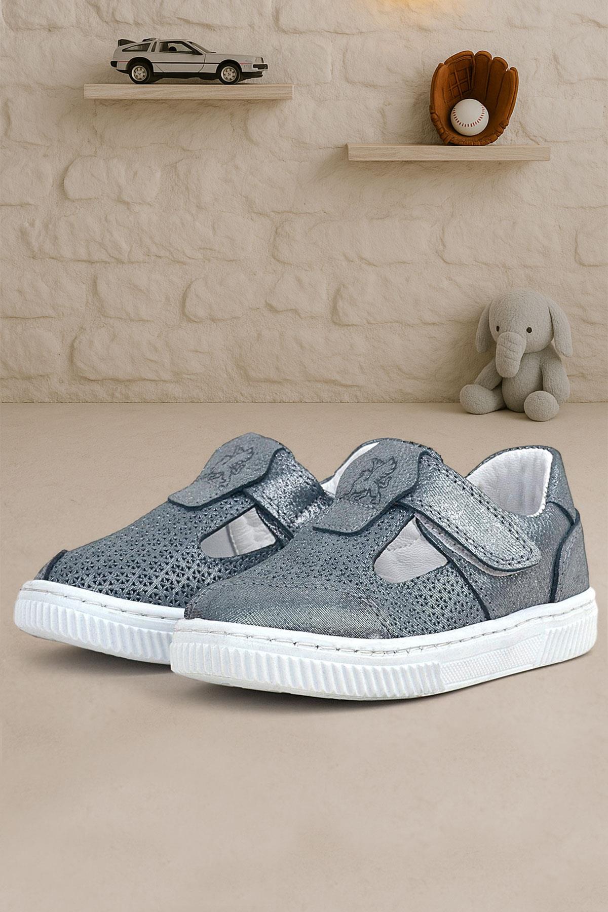 Bheem Hakiki Deri Gümüş Simli Cırtlı Bebek Sneaker Sandalet - Görsel 3