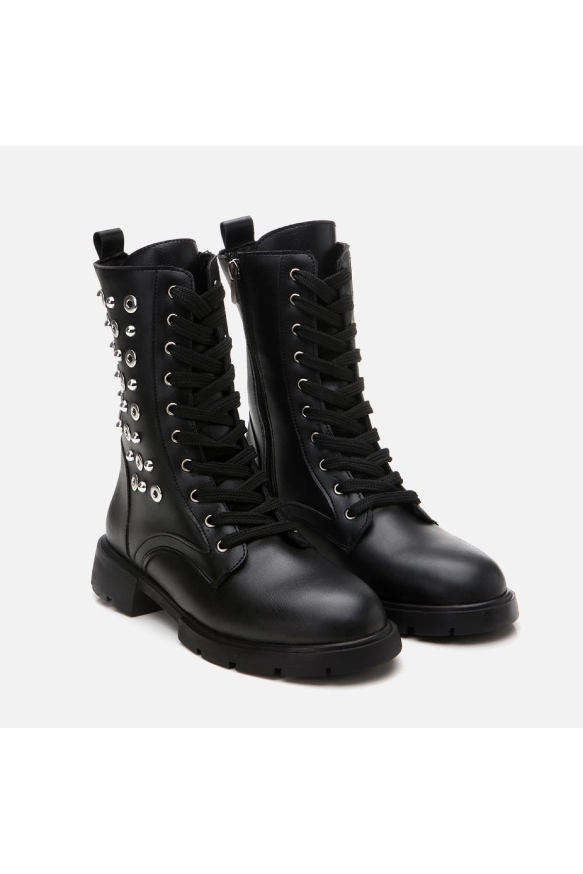 Siyah Kadın Zımbalı Düz Bot - Görsel 4