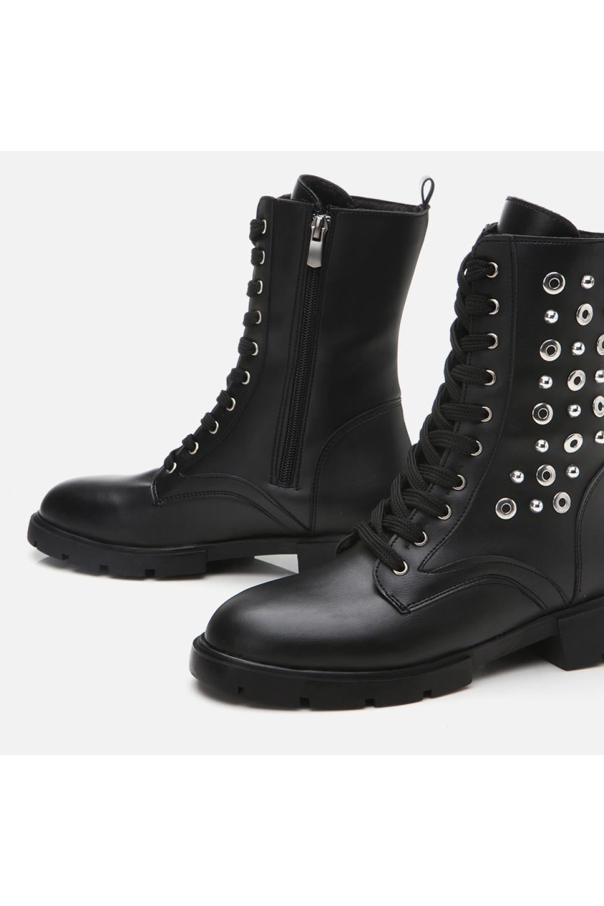 Siyah Kadın Zımbalı Düz Bot - Görsel 5