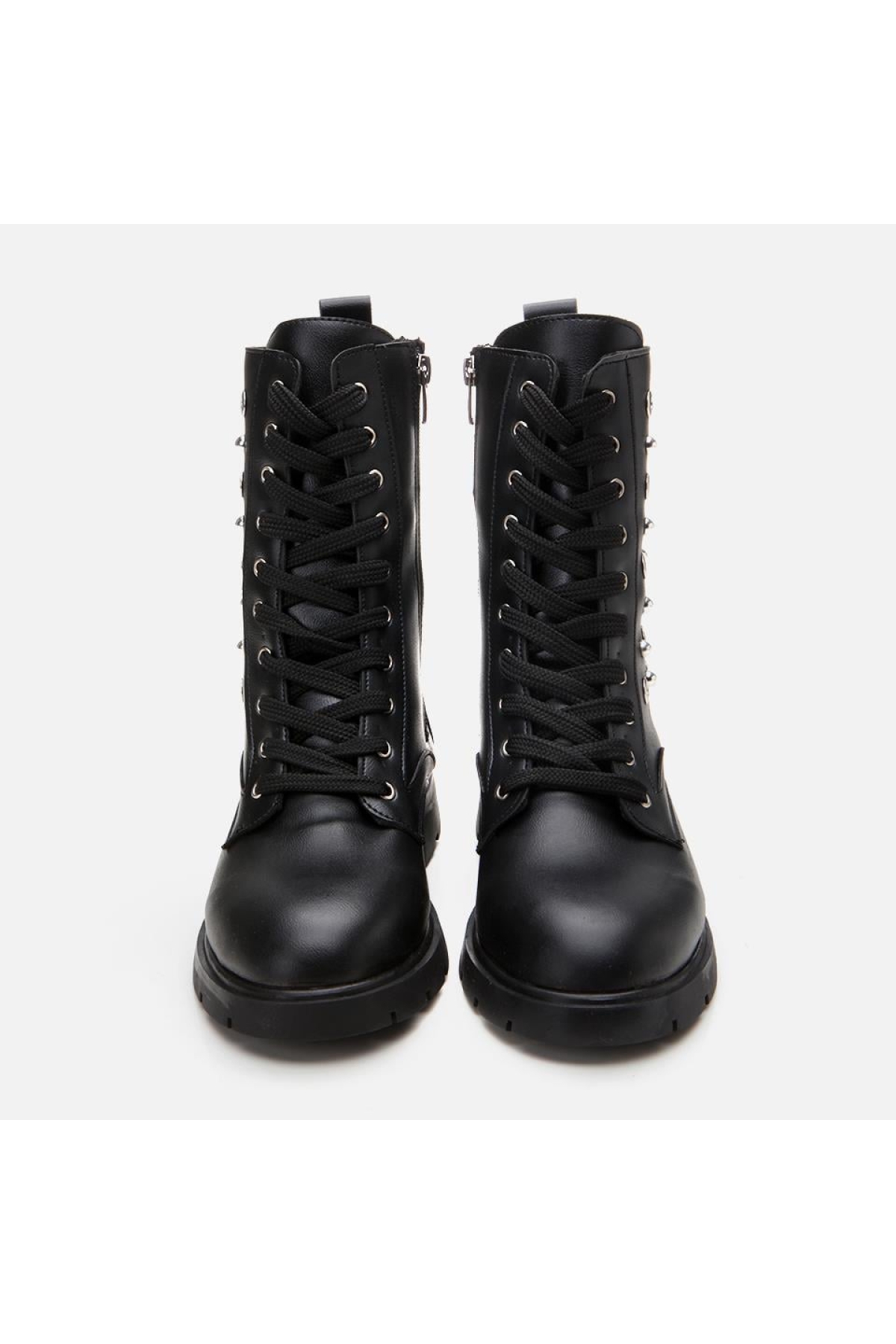 Siyah Kadın Zımbalı Düz Bot - Görsel 10