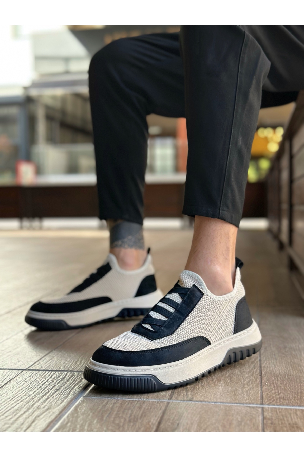 Bağcıksız Lastik Detaylı Triko Erkek Hi Sneaker BEJ SİYAH - Görsel 2