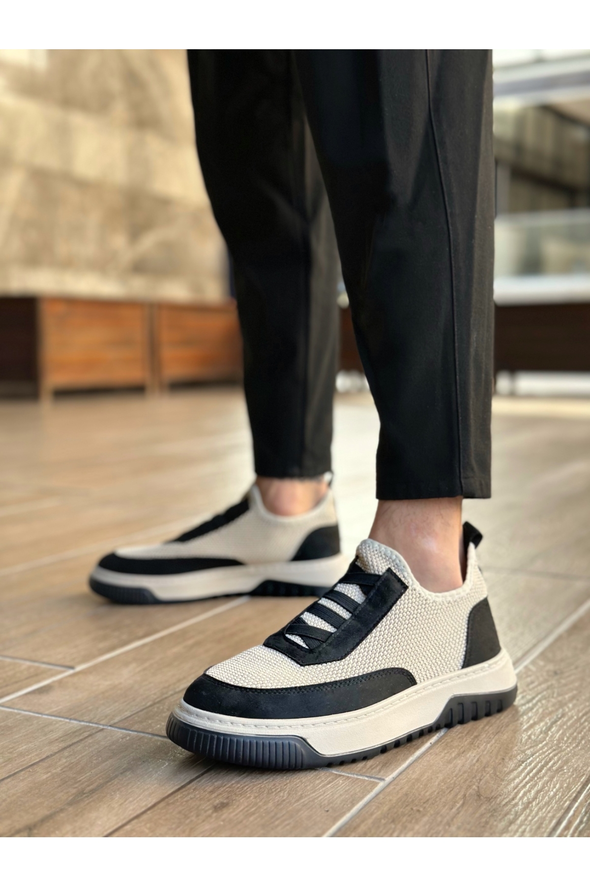 Bağcıksız Lastik Detaylı Triko Erkek Hi Sneaker BEJ SİYAH - Görsel 3