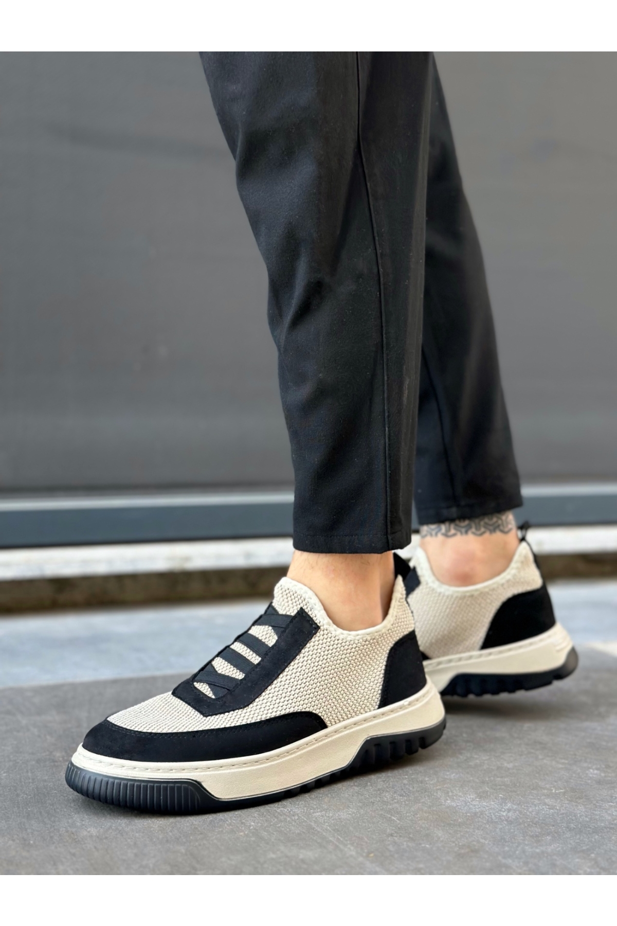 Bağcıksız Lastik Detaylı Triko Erkek Hi Sneaker BEJ SİYAH - Görsel 4